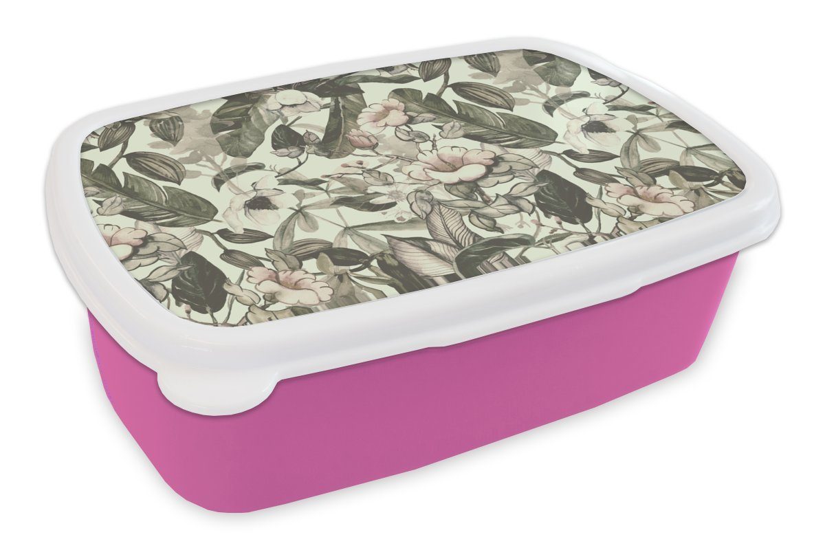 MuchoWow Lunchbox Blumen - Blätter - Vintage - Muster, Kunststoff, (2-tlg), Brotbox für Erwachsene, Brotdose Kinder, Snackbox, Mädchen, Kunststoff rosa