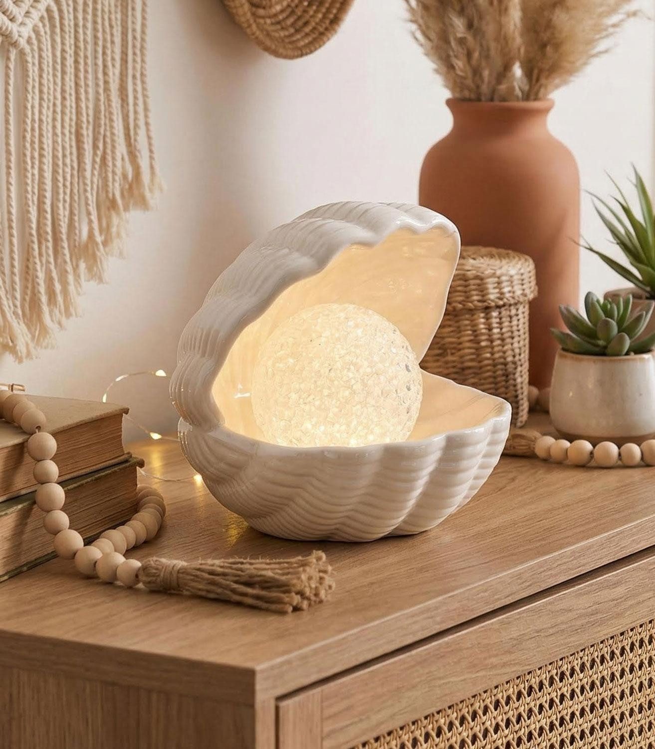 LED Dekoobjekt Muschel TIRELLA, Weiß, Keramik, Kunststoff, LED fest integriert, Batteriebetrieben, B 14 x H 16 x T 13 cm