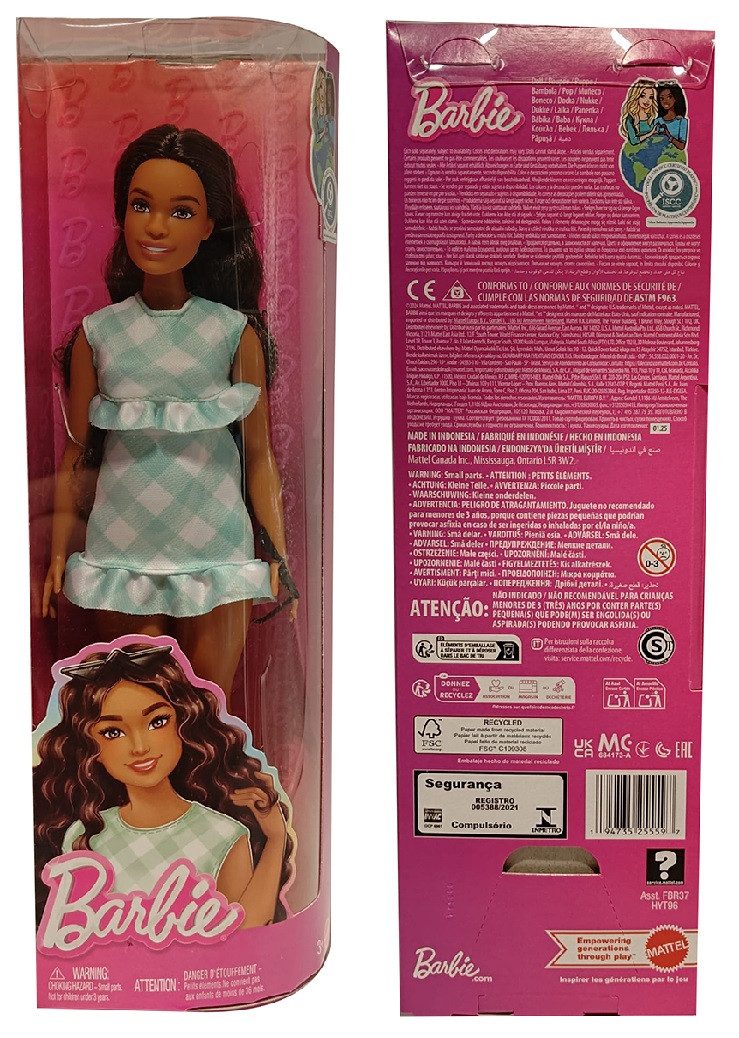 Barbie Stehpuppe Mattel HYT96 Barbie Puppe mit mintgrünem Karo-Kleid Fashionistas