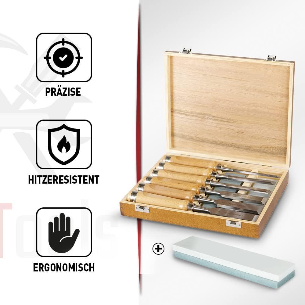 bestTools Stechbeitel Stechbeitel Set 6-teilig aus Chrom-Vanadium Stahl für Holz, Mit Schleifstein & Holzkiste präzise Stemmeisen für Profis