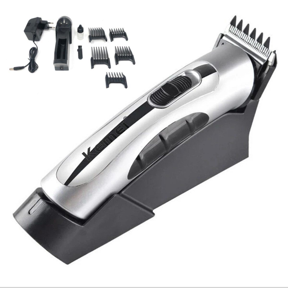Kemei Haar- und Bartschneider KM-609A Silber, 1x Trimmer, 1x Ladestation, 4x Aufsätze, Öl, Bürste, Lange Akkulaufzeit