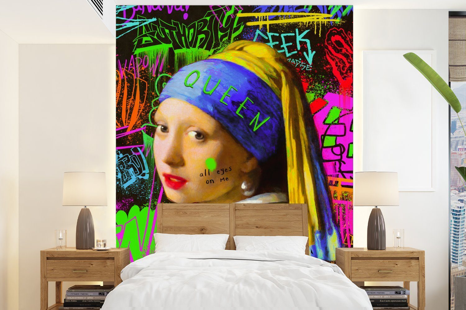 MuchoWow Fototapete Girl with a Pearl Earring - Neon - Graffiti, Matt, bedruckt, (4 St), Montagefertig Vinyl Tapete für Wohnzimmer, Wandtapete