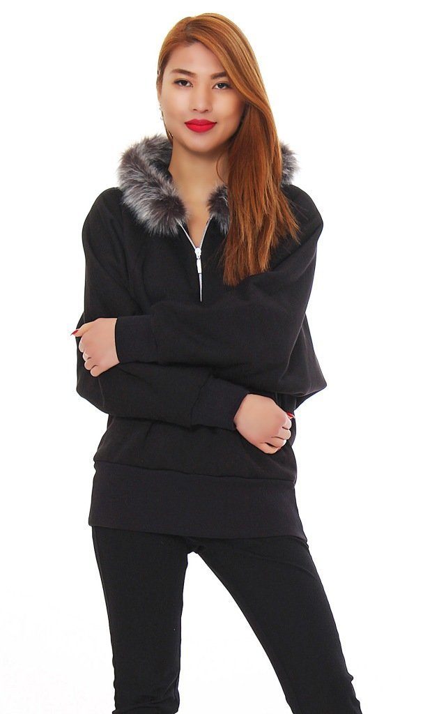 Mississhop Kapuzenfleecejacke Sweatshirt Sweatjacke mit Kunstpelz 3/4 armlang M.5146 mit Kapuze Schwarz