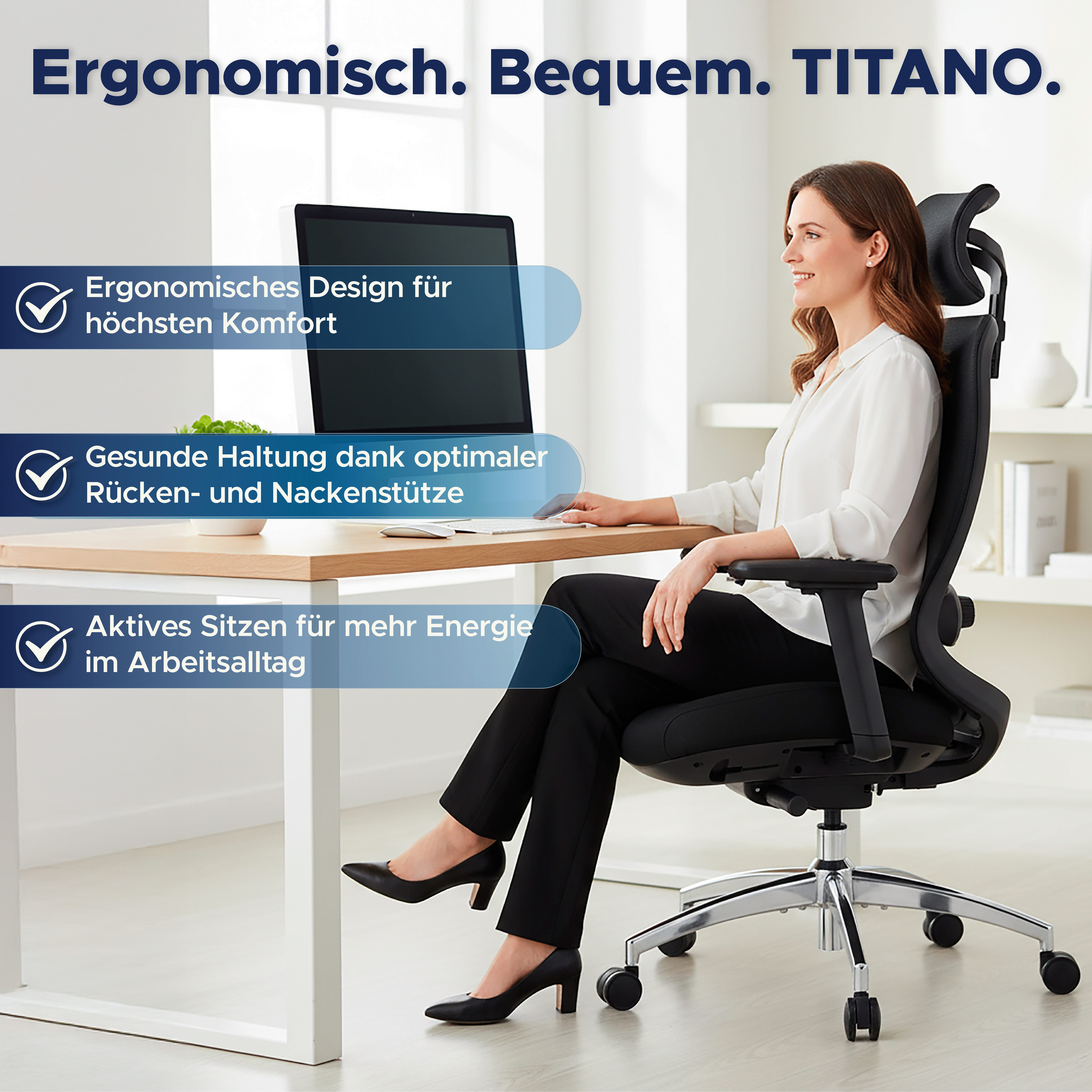 TITANO Bürostuhl E5 (Ergonomischer Bürostuhl mit Neigungsfunktion, 4D-Armlehnen, Lendenwirbelstütze & Kopfstütze – Drehstuhl für Home Office & Büro, 150 kg Belastbar, Ergonomic Schreibtischstuhl)