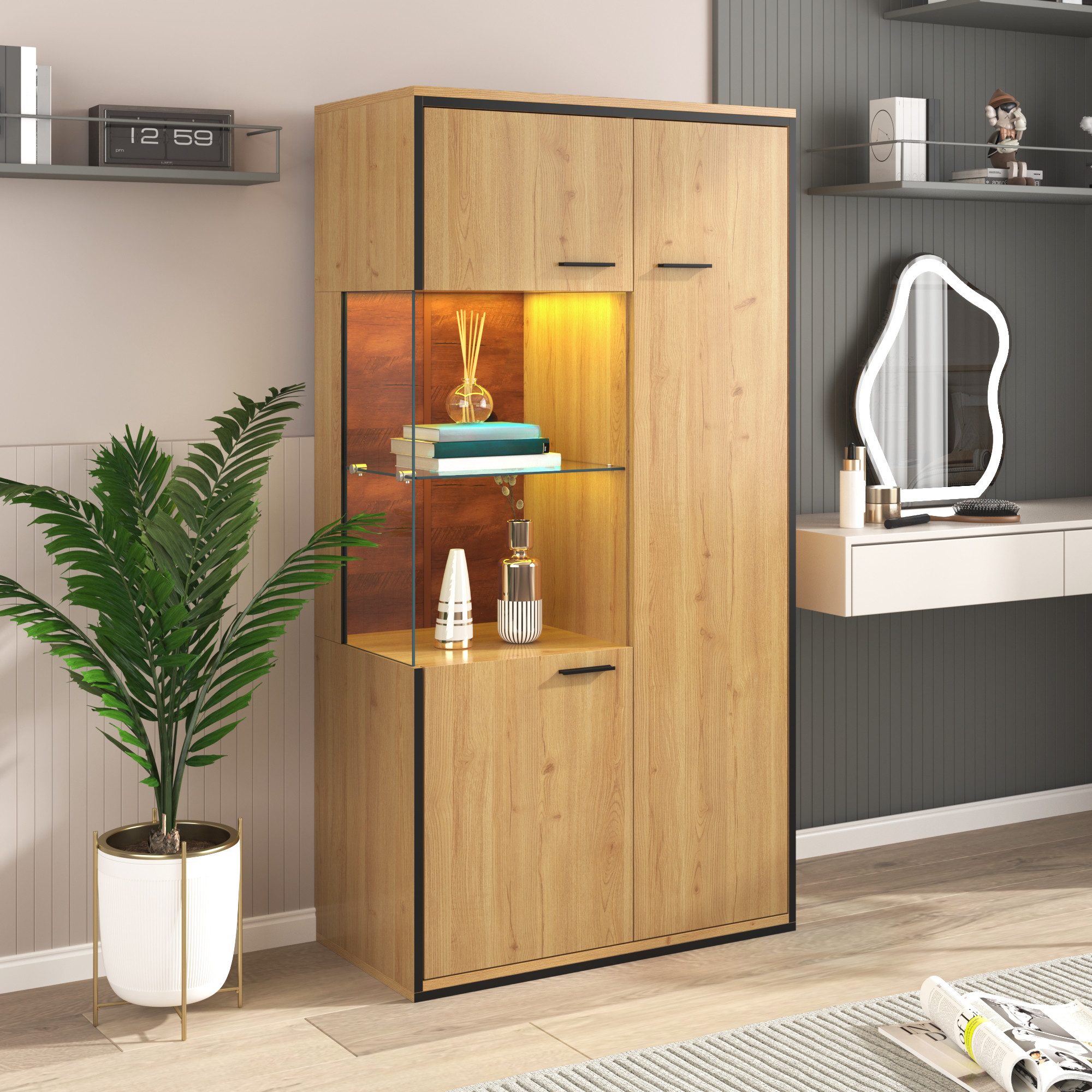 Fine Life Pro Standvitrine Moderne Vitrine mit LED, Glastür, Glasboden & 15 Farboptionen. Schaukasten, 150 cm, viel Stauraum – Präsentationsmöbel