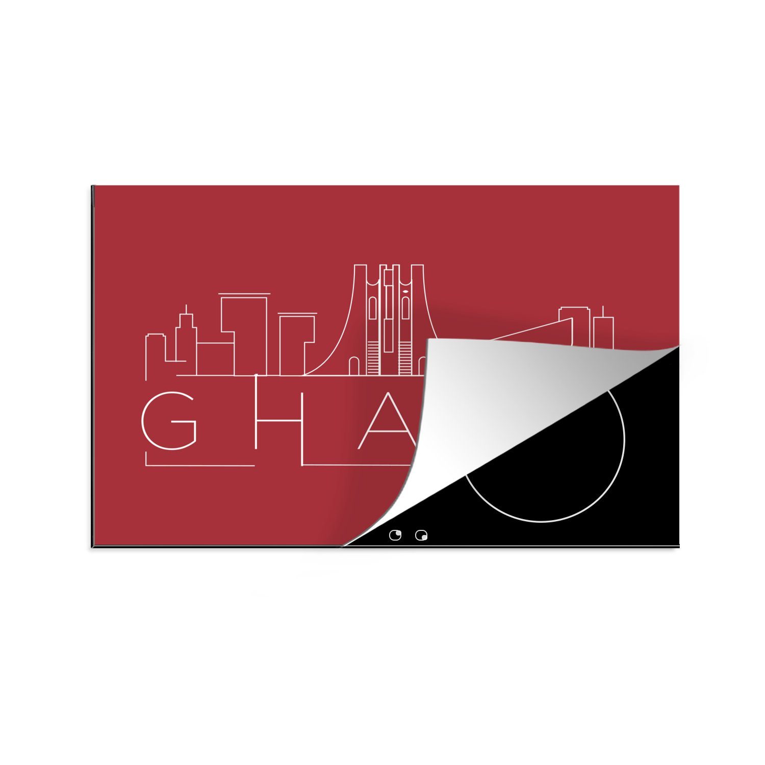 MuchoWow Herdblende-/Abdeckplatte Skyline "Ghana" auf rotem Hintergrund, Vinyl, (1 tlg), 81x52 cm, Induktionskochfeld Schutz für die küche, Ceranfeldabdeckung