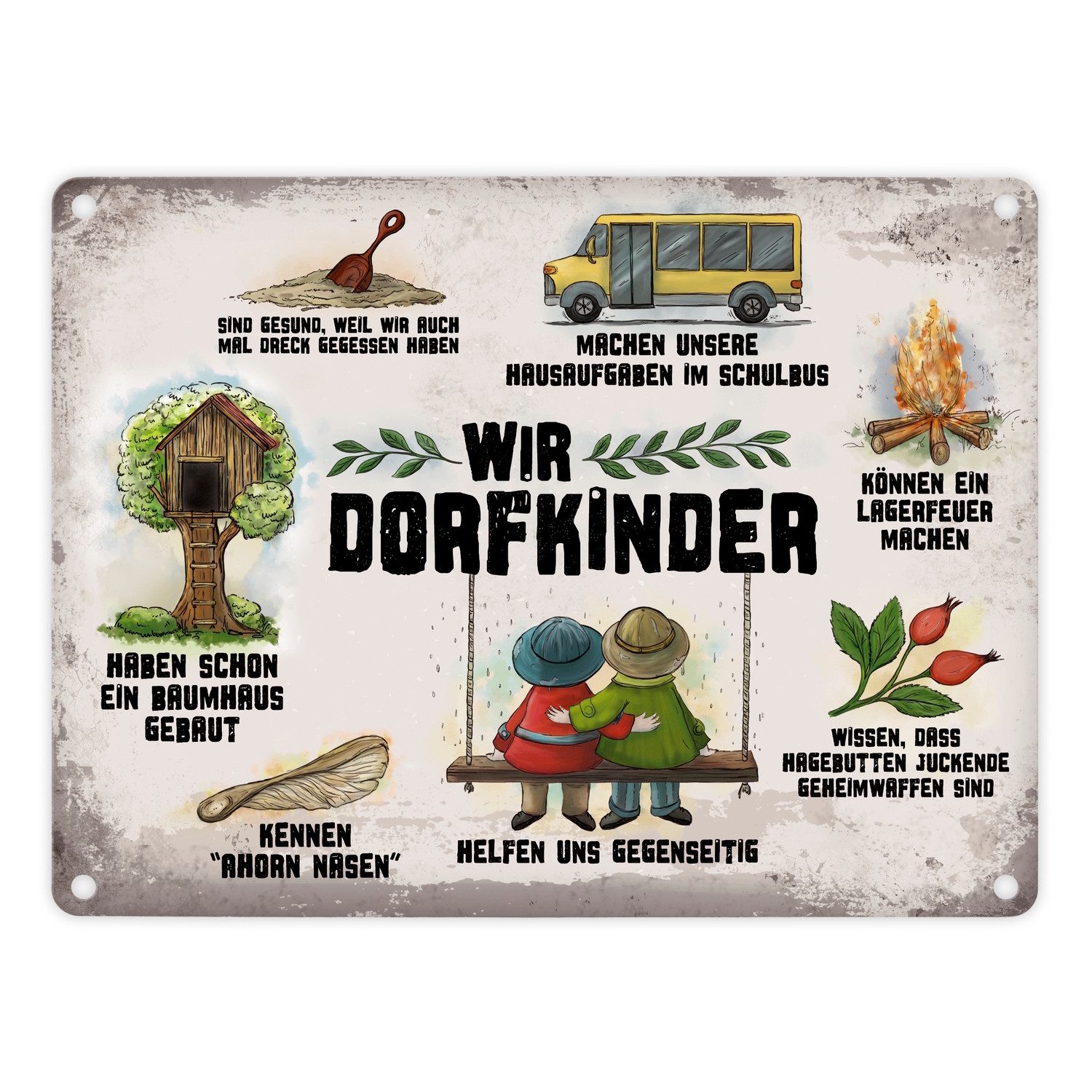 Metallschild Wir Dorfkinder Metallschild mit Retro Motiven Kind Dorf Leben helfen
