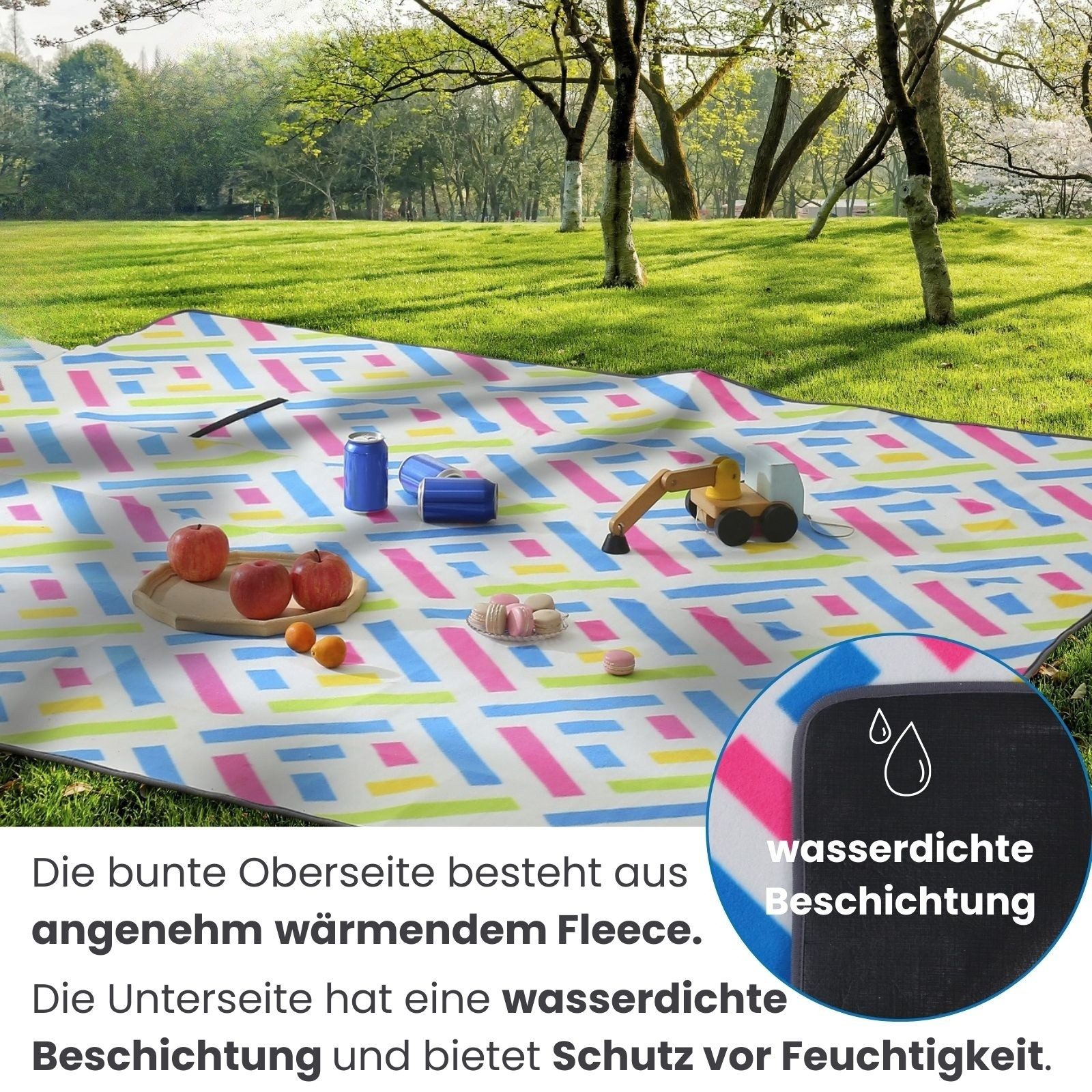 Picknickdecke XXL Picknickdecke ca. 200x200, wometo, Oberseite 100% recyceltes Fleece, wasserdicht – Bild 4 von 5