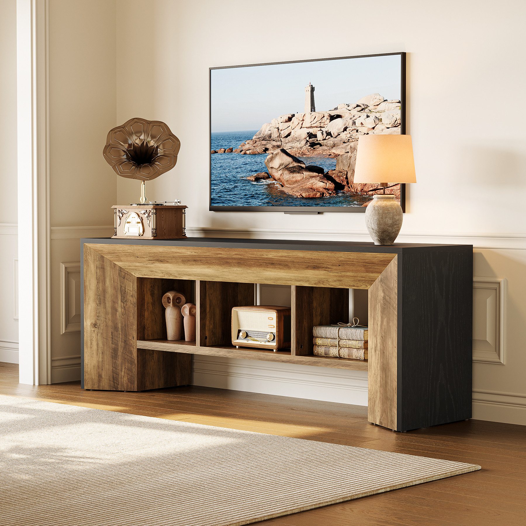Tribesigns TV-Schrank 160cm TV-Ständer mit offenen Ablageflächen, mit 3 Ablagefächern (2-stufiger TV-Schränke & Konsolentisch)