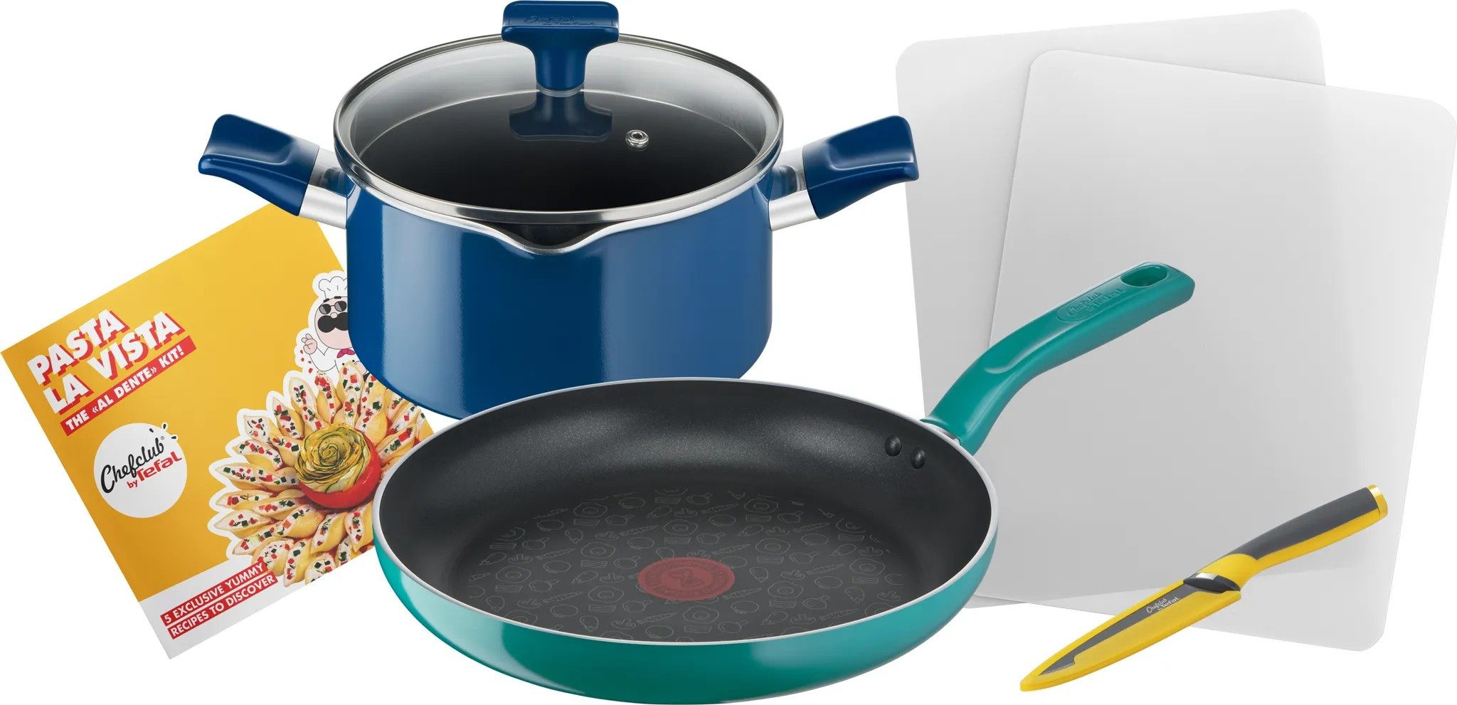 Tefal Topf-Set Tefal Pasta La Vista Kochgeschirr-Set, Aluminium (6-tlg), Pfanne 28cm & Kochtopf 20cm Inkl. Messer, Schneidebretter & Rezeptheft