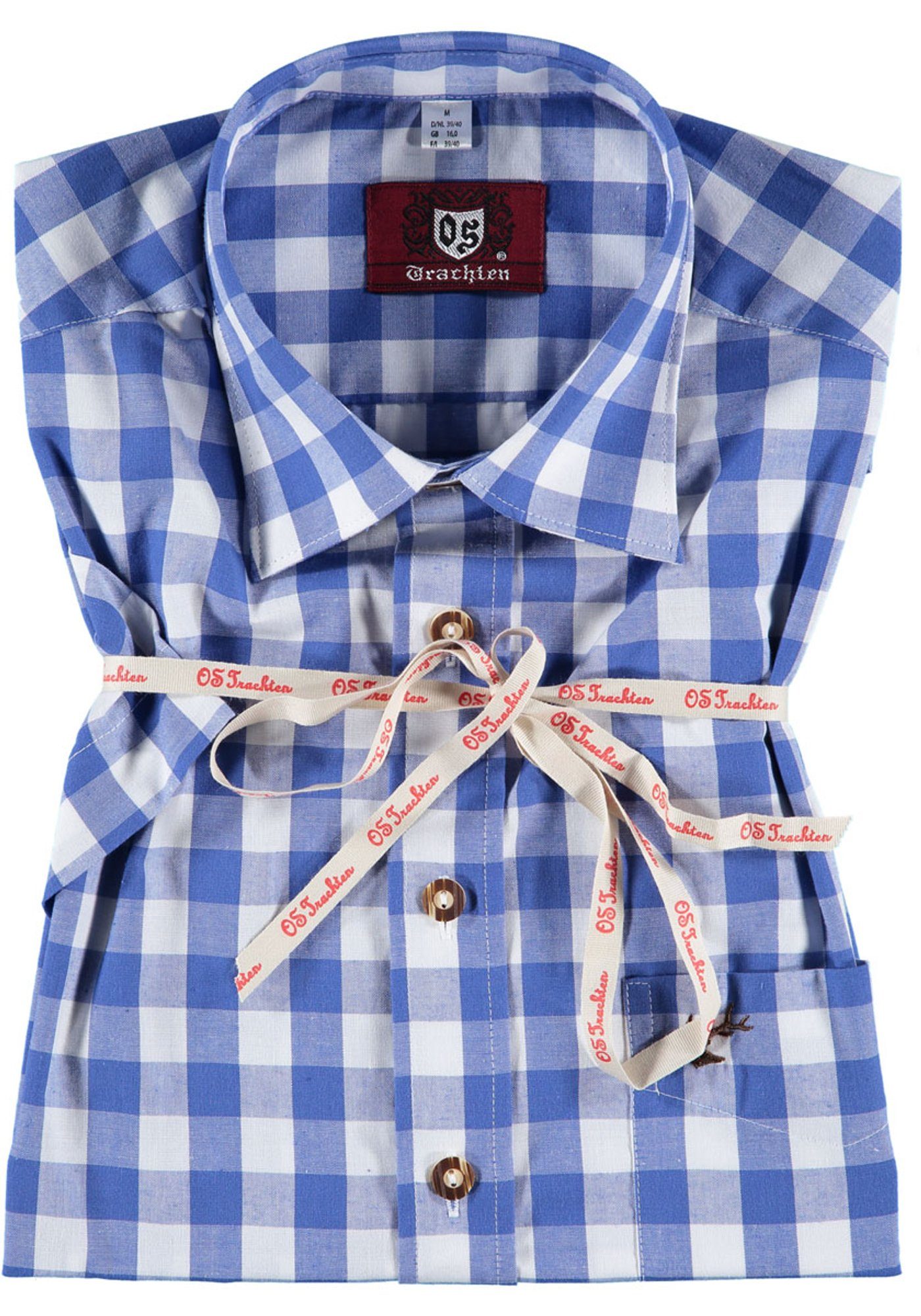 Trachtenhemd Iluvu Kurzarmhemd mit aufgesetzter Hirsch-Stickerei OS-Trachten mit mittelblau Brusttasche