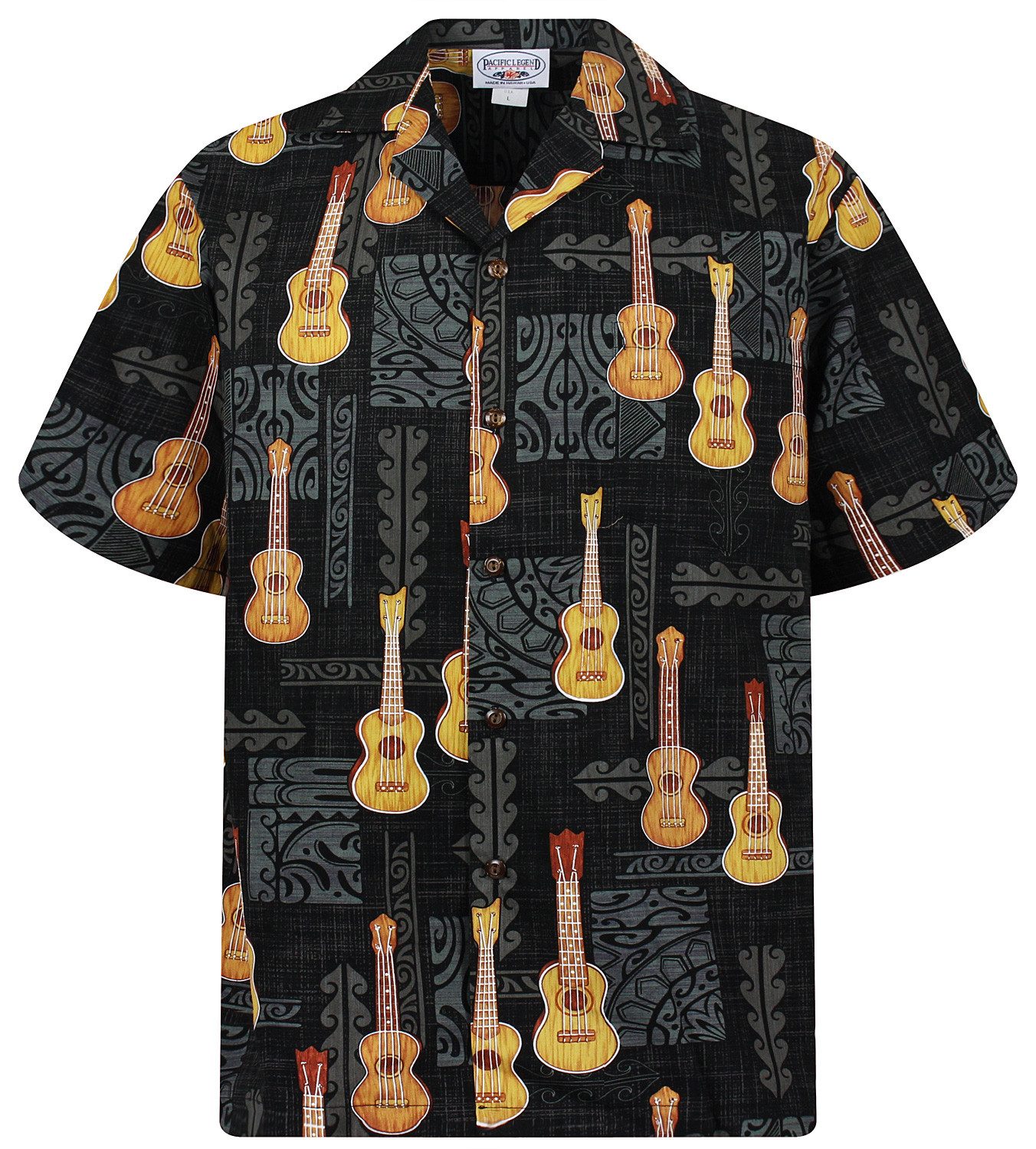Pacific Legend Hawaiihemd Gitarren Allover Original Hawaiihemd mit 100% Kokosnuss-Knöpfen