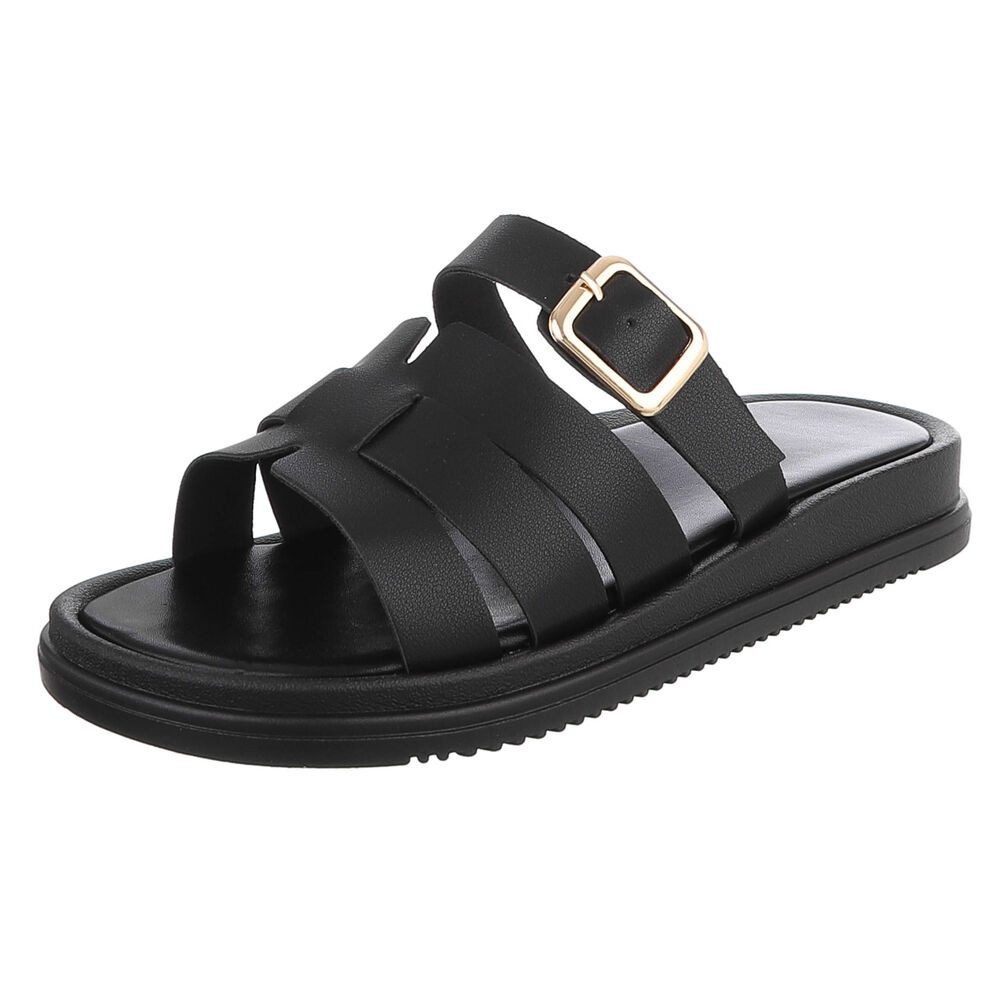 Ital-Design Damen Sandalenslipper mit Schnalle und Profilsohle Pantolette (91742417) Keilabsatz/Wedge Pantoletten in Schwarz