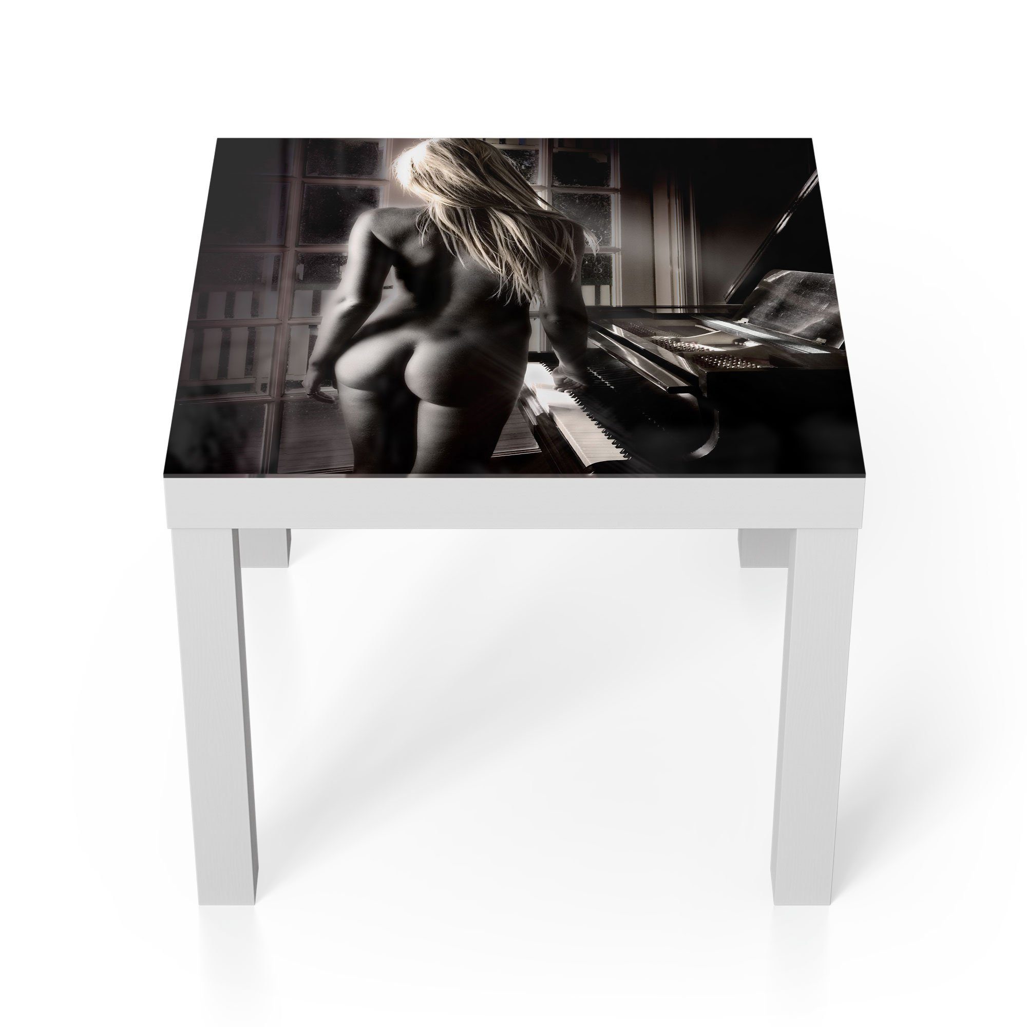 DEQORI Couchtisch 'Nackte Frau am Piano', Glas Beistelltisch Glastisch modern Weiß