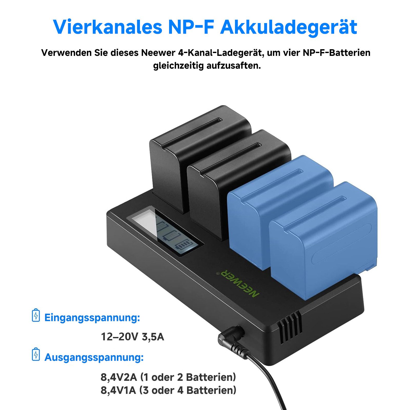 Neewer NP-F970 4er Pack 7,4V 6600mAh Ersatzbatterien, für Feldmonitor Kamera-Akku 6600 mAh, mit 4 Kanaligem Ladegerät und Netzteil, für NP-F970 QM71D Videoleuchte