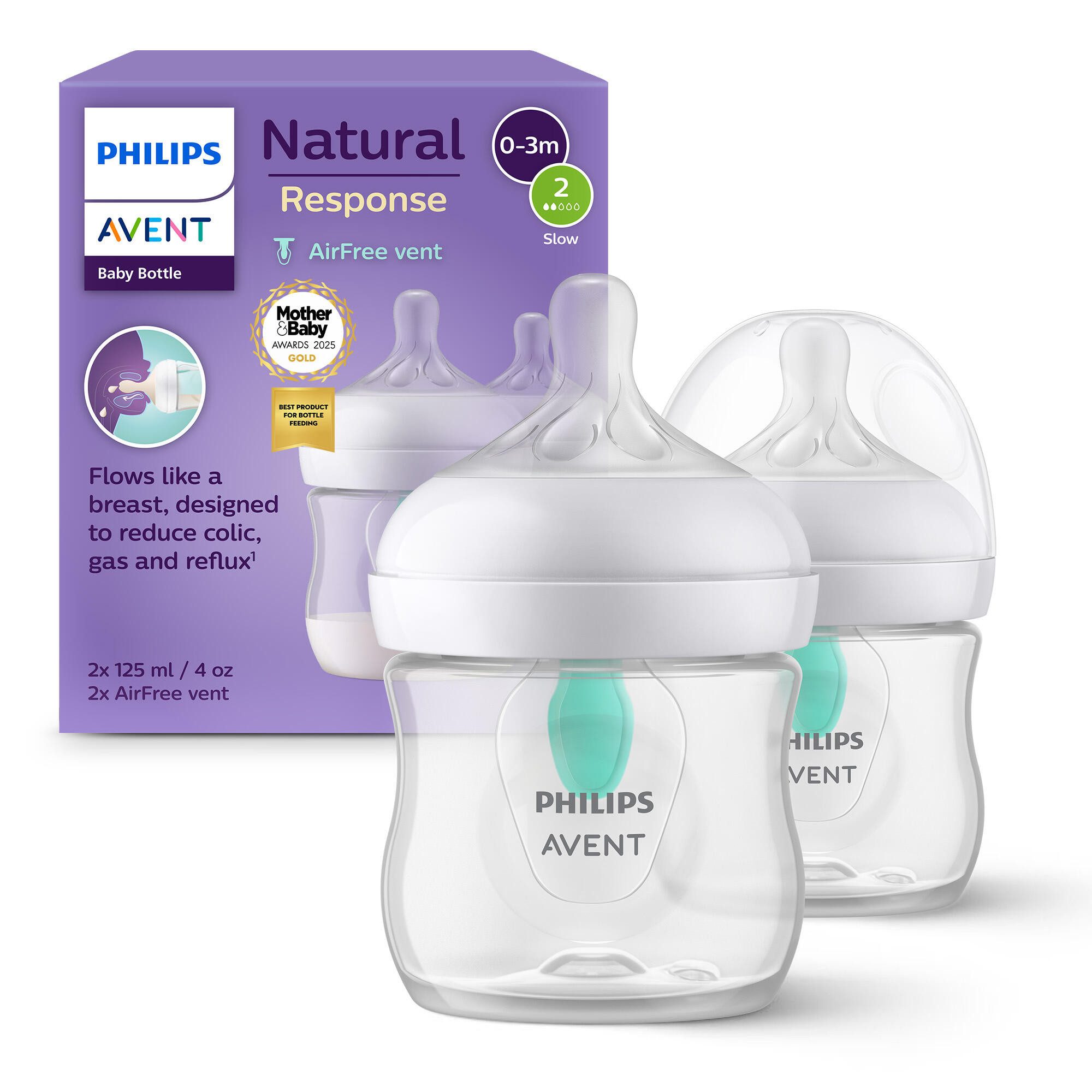 Philips AVENT Babyflasche Natural Response Babyflasche, mit Air-Free Ventil, 2er-Pack, langsame Durchflussrate