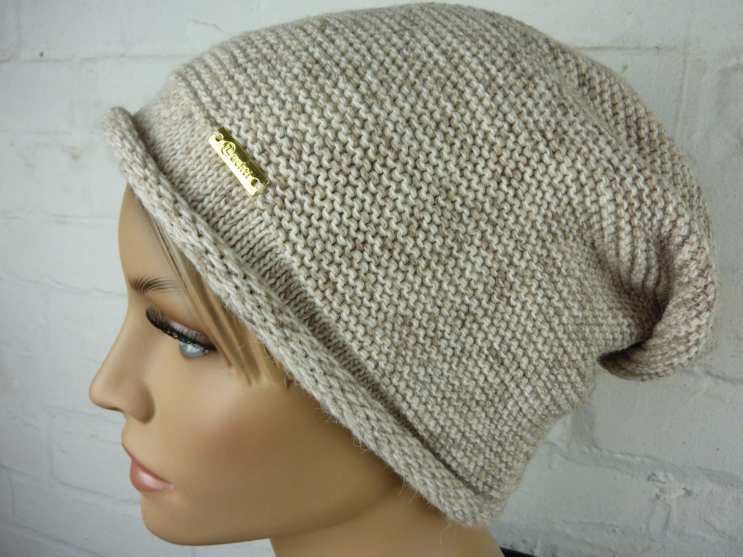 Bommel, beige gefüttert, meliert Damen Rund-strick Taschen4life Longbeanie, Mütze leicht ohne Beanie Passform lange AZ1378PC