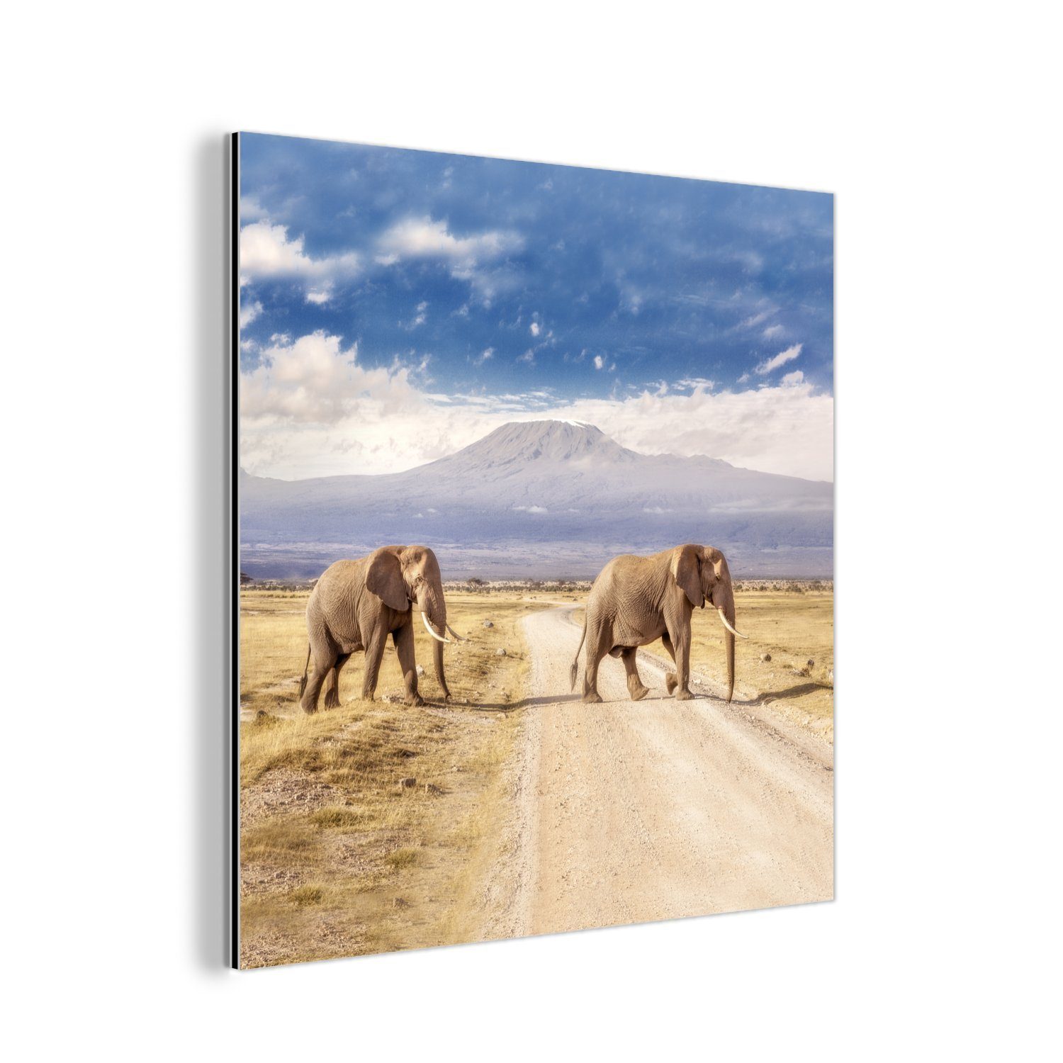 MuchoWow Metallbild Drei Elefanten beim Überqueren, (1 St), Alu-Dibond-Druck, Gemälde aus Metall, Aluminium deko