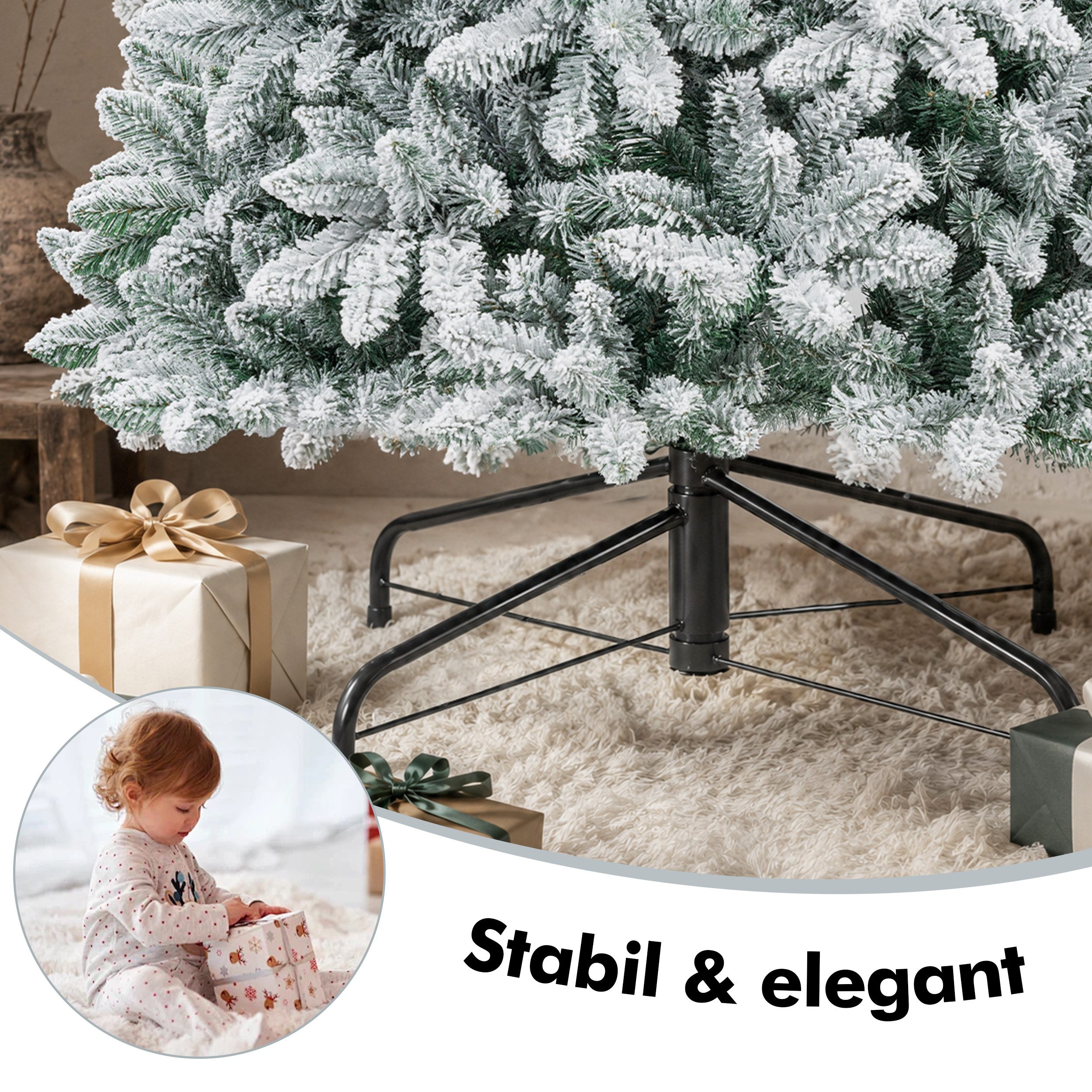 WHEELYOU Künstlicher Weihnachtsbaum 210 cm Dicht beflockte Schneetanne, PVC, Lichterkette, 8 Modi, Dicht beflockte PVC-Schneetanne, volle Zweige, markanter Wint – Bild 5 von 5
