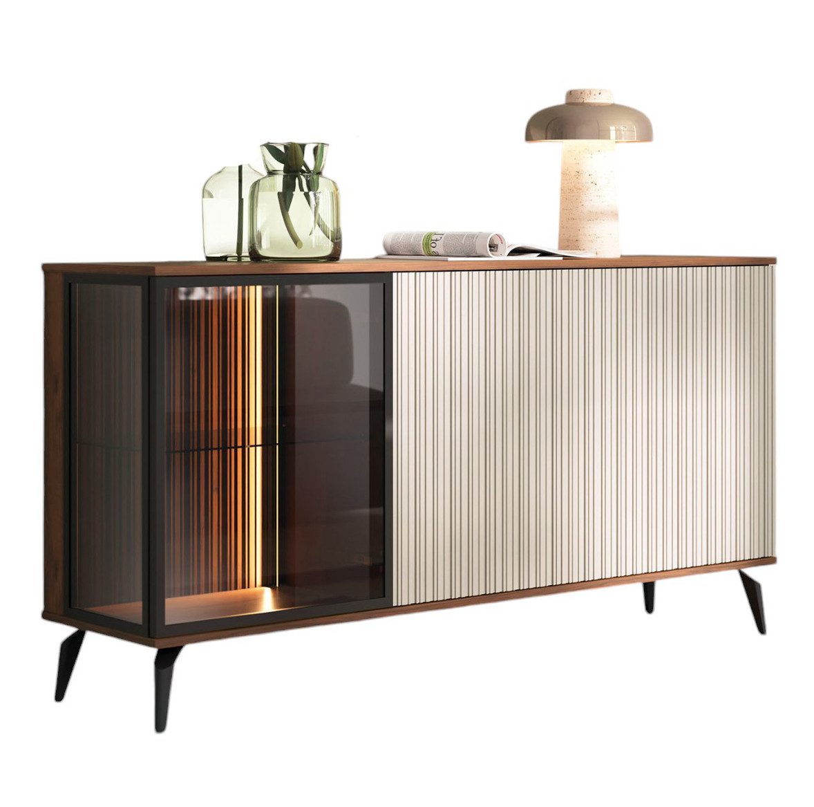 Compleo Kommode VIVIN Wohnzimmer, dreitürig, gerillte Front, hohe Beine, Push-to-open, Große Speicherkapazität und moderne Möbel auf hohen Beinen