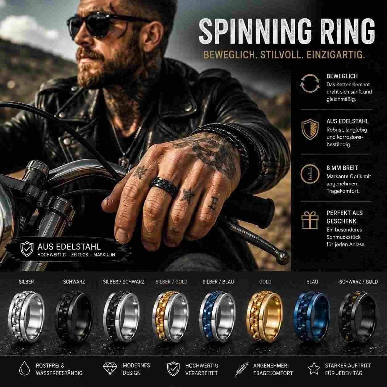 Taffstyle Fingerring Herrenring Edelstahl drehbar Spinning Ring Ketten Fidget Fingerring (Moderner Edelstahl Herrenring mit beweglichem Kettenelement im markant – Bild 4 von 5