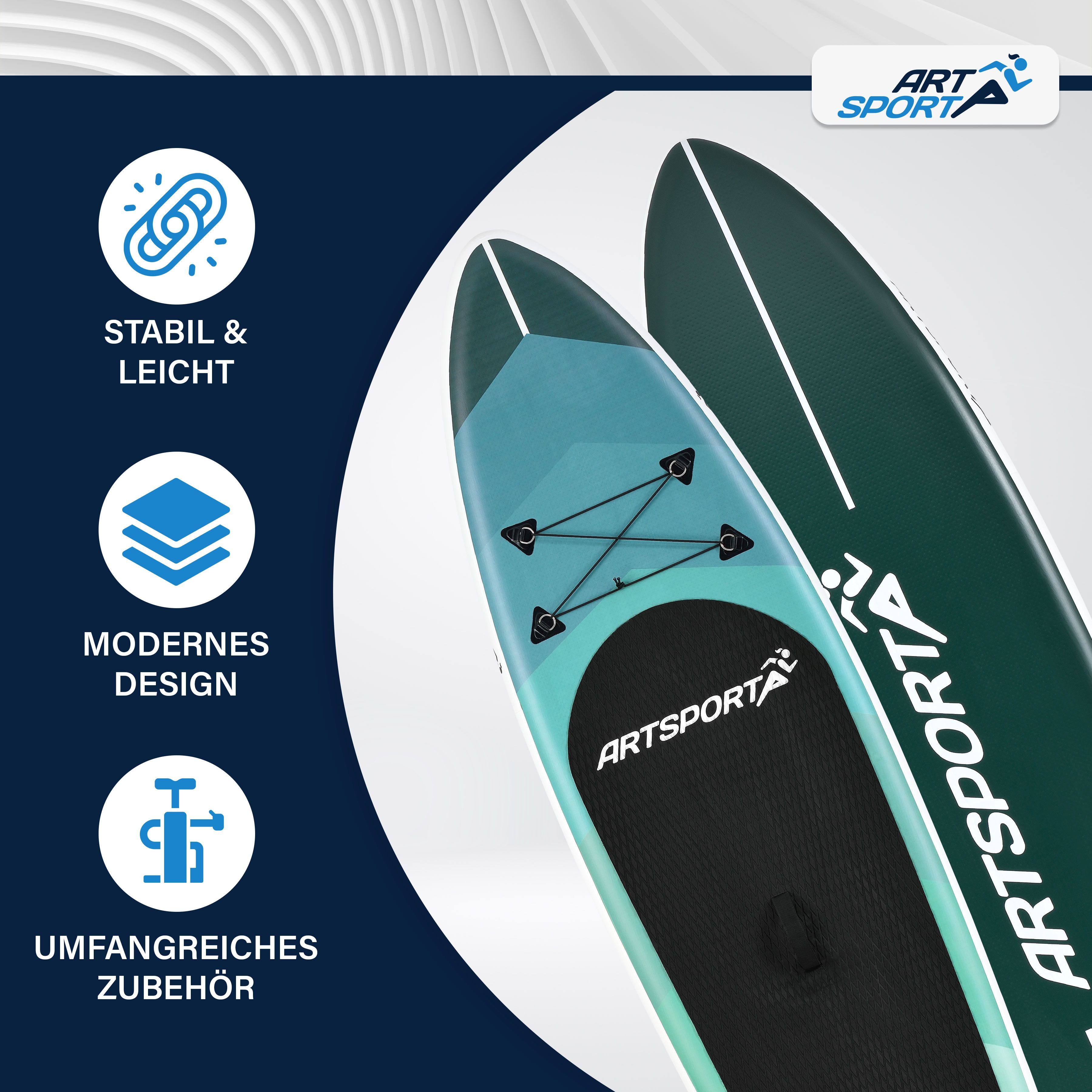 ArtSport Inflatable SUP-Board Blue Wave, Stand Up Paddling Board, ideal für Anfänger, bis 150 kg, inkl. Tragetasche und Zubehör