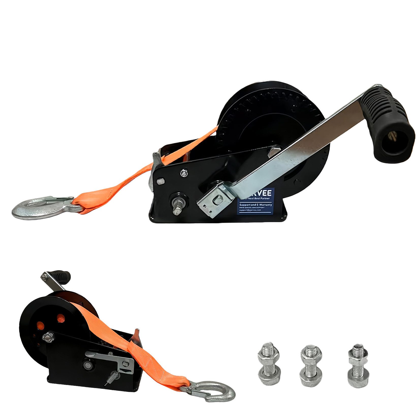 GarveeMore Dachfahrradträger Handwinde 1588 kg Zugkraft, 2‑Gang feuerverzinkt mit Polyestergurt, für Boot‑, ATV‑ und Fahrzeuganhänger