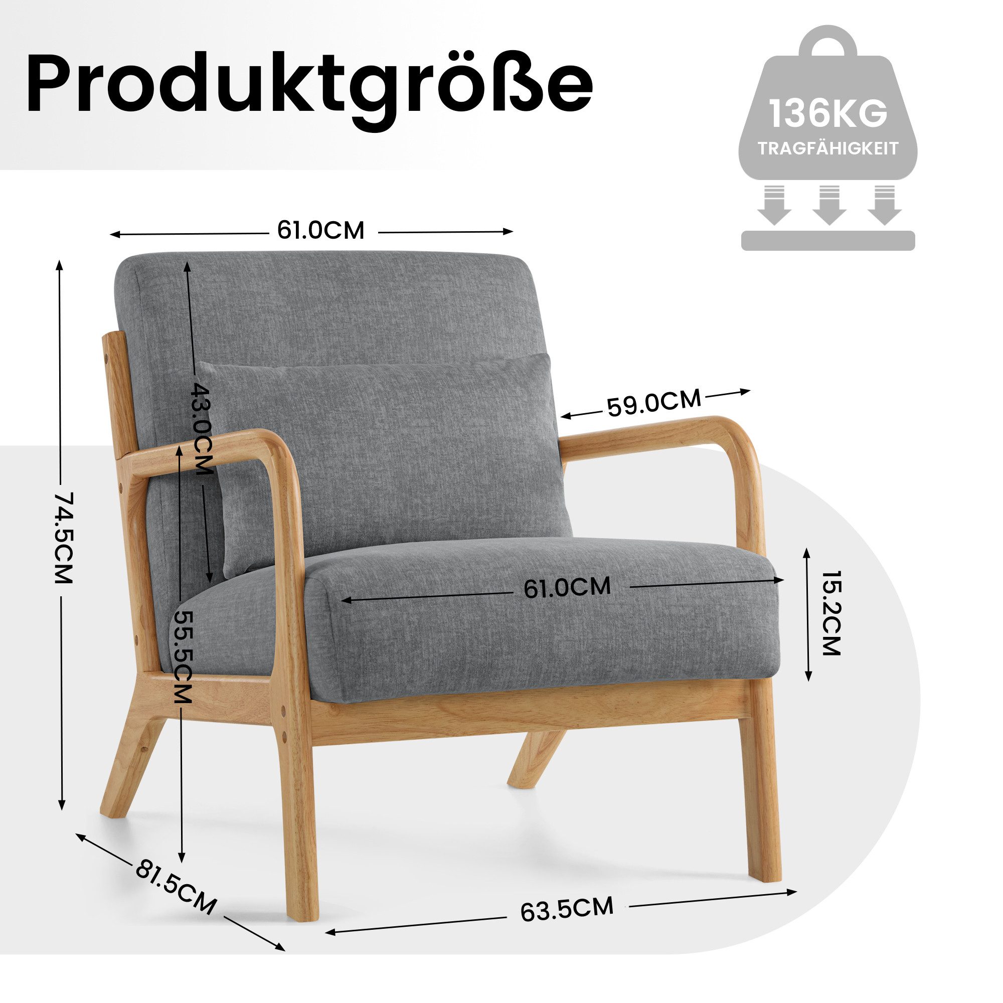 Aunekiv Sessel mit Kissen & Holzrahmen, Lesesessel, Mid-Century Sessel (1-St), Perfekt als Relaxsessel für Wohnzimmer und kleine Räume – Bild 2 von 5