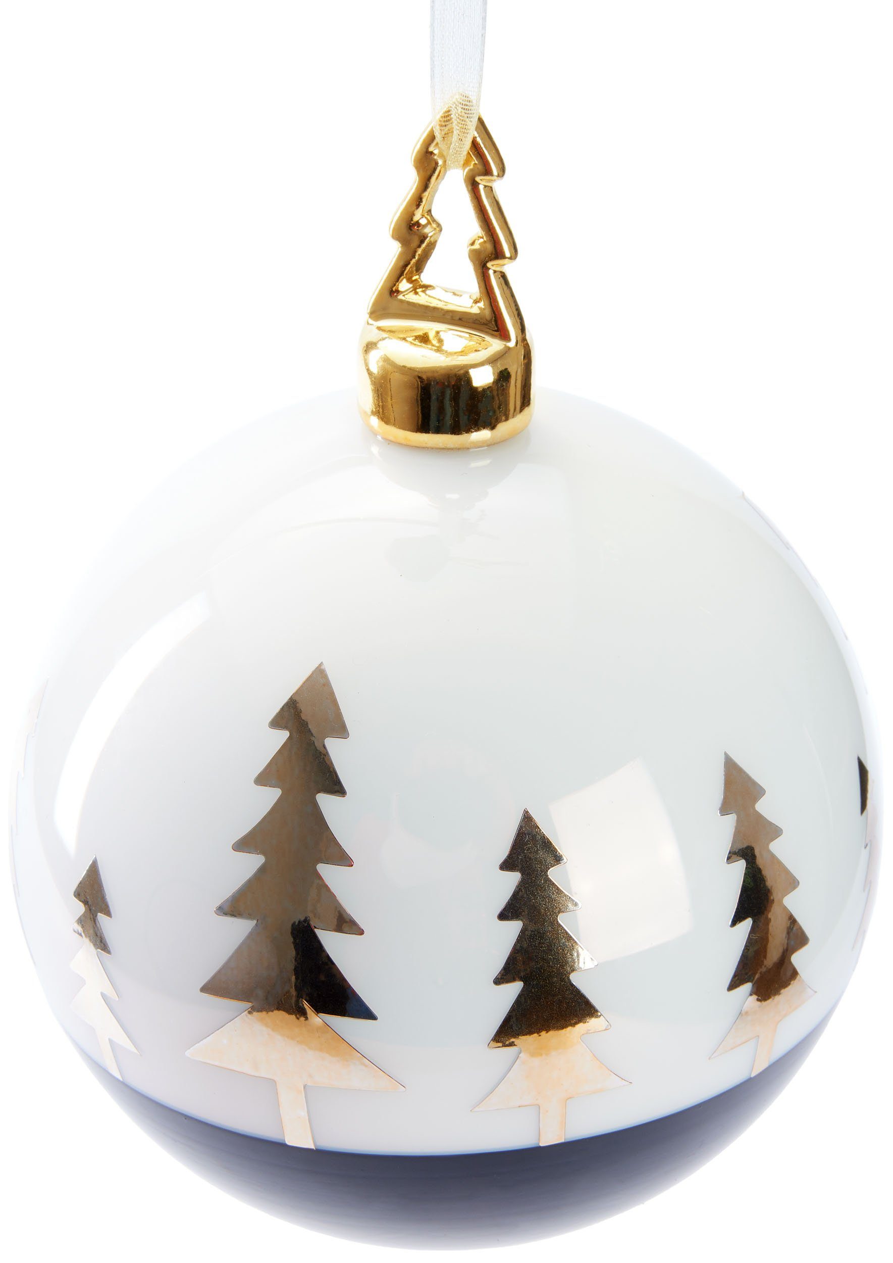 BRUBAKER Weihnachtsbaumkugel Premium Weihnachtskugel Tannenbaum Gold - 10 cm Baumkugel aus Glas (1 St), Weiß Schwarz mit goldener Weihnachtsbaum Figur - Handbemalt