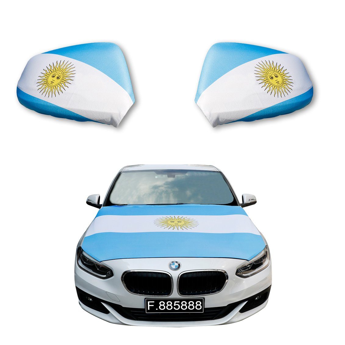 Sonia Originelli Fahne Fanset "Argentinien" Argentina Fußball Motorhaube Außenspiegel Flagge, für alle gängigen PKW Modelle, Motorhauben Flagge: ca. 115 x 150cm