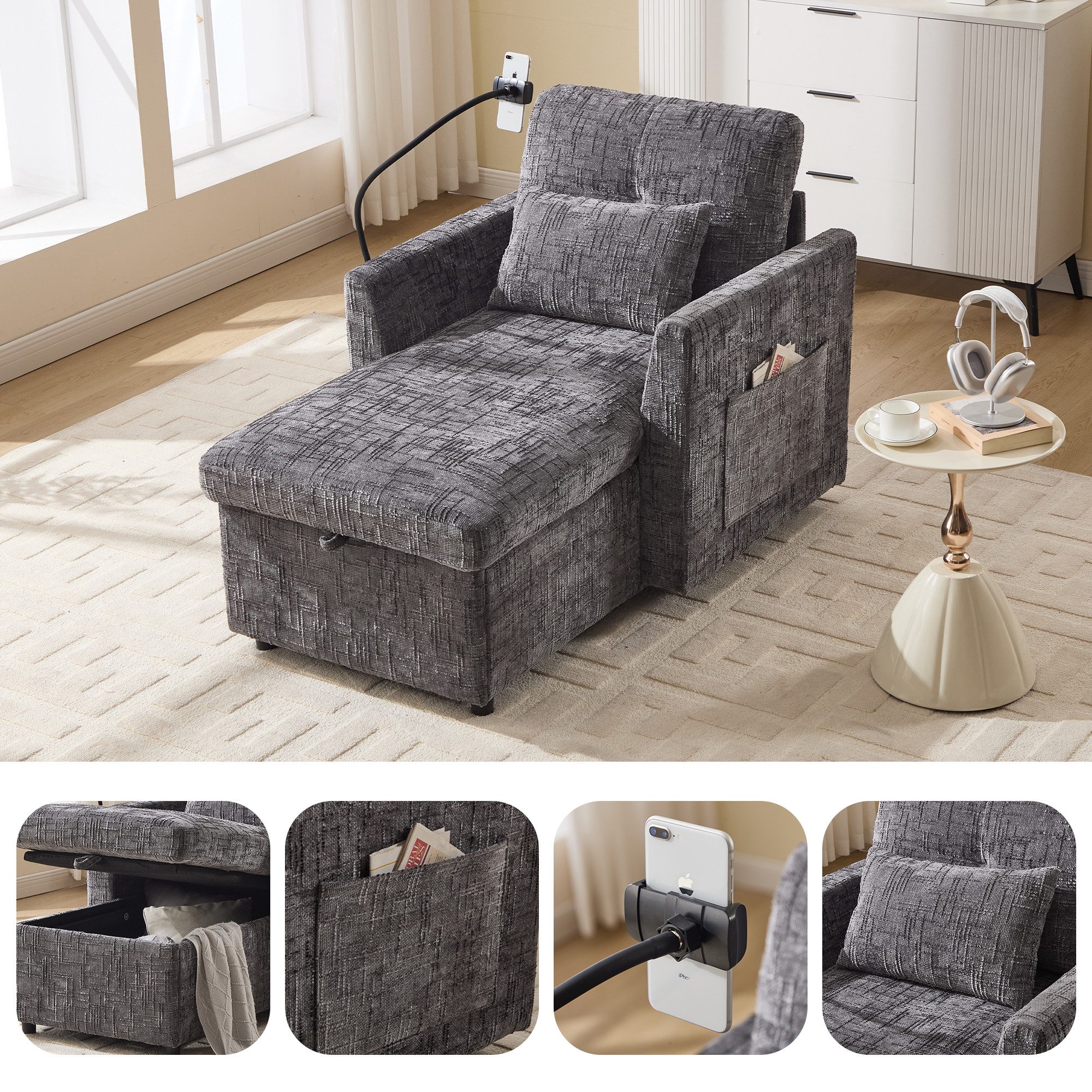 BlingBin Loungesessel Relaxsessel 1-Sitzer Sofa mit Stauraum, Einzelsofa (Freizeit-Sofa, 1-St., 125 x 84,5 x 87 cm), Freizeitstuhl, Handyhalter, Seitentaschen und weichem Chenille-Bezug