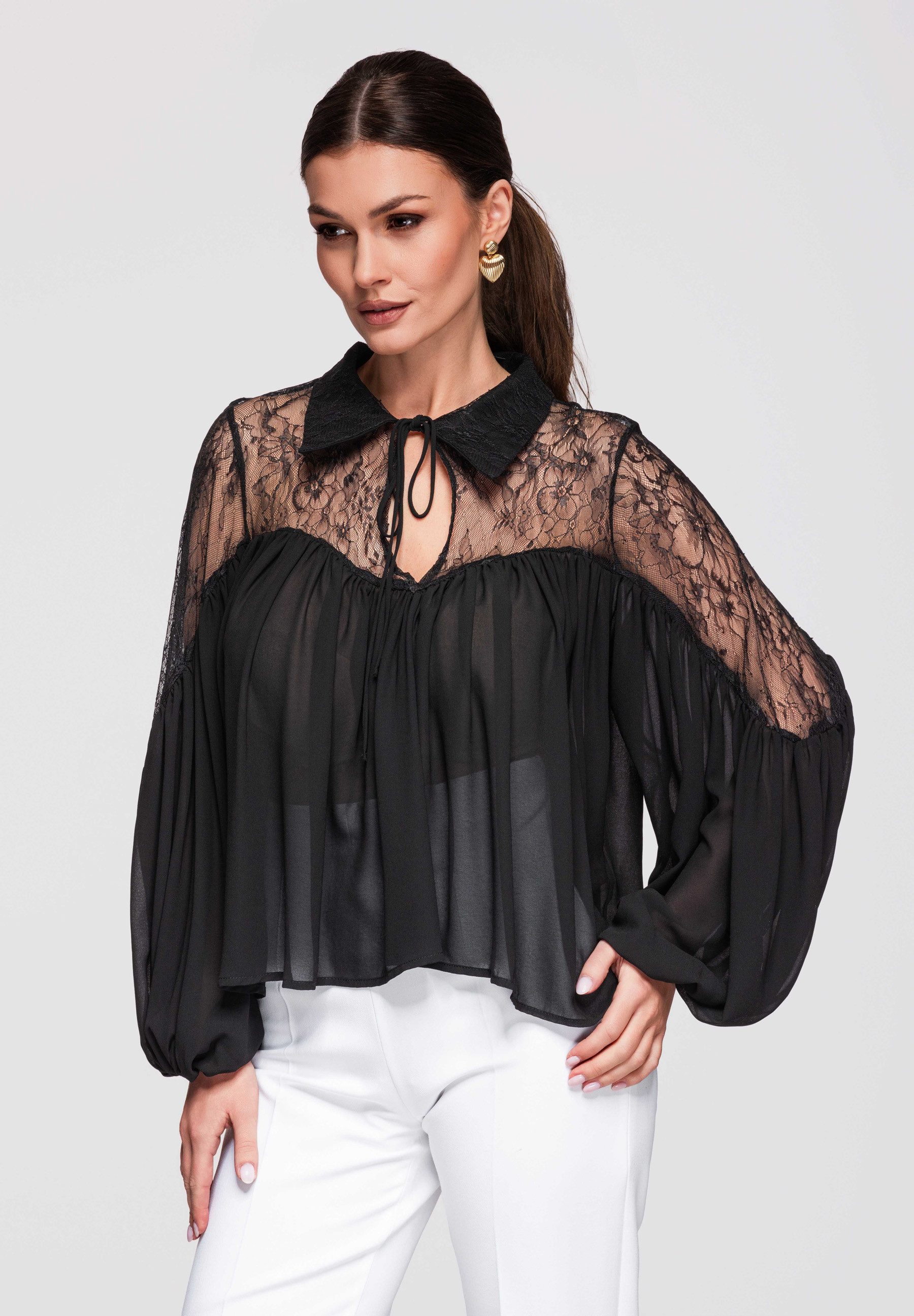 OMBRE Spitzenbluse Damenbluse mit Spitzenoberteil und locker fallender Silhouette
