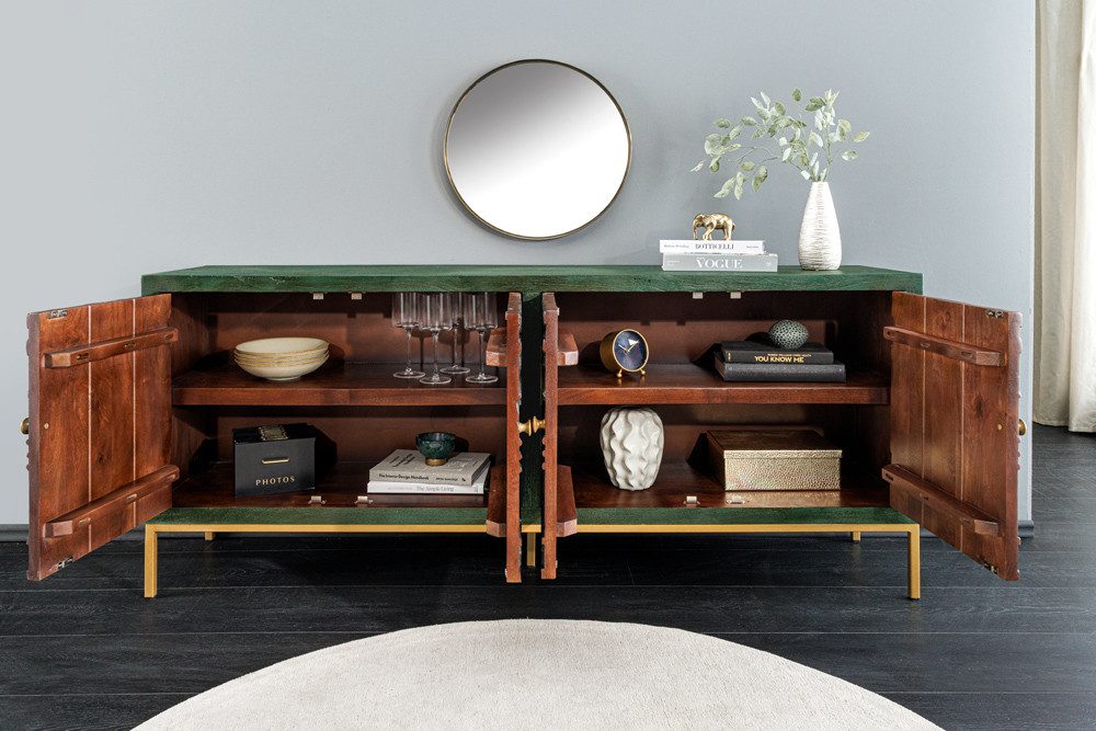 riess-ambiente Sideboard PEACOCK 175 cm grün / gold – Massivholz, Antik-Optik, 3D-Schnitzerei (Einzelartikel, 1 St), massiver Schrank mit Pfau-Design – ideal für Wohn- und Esszimmer