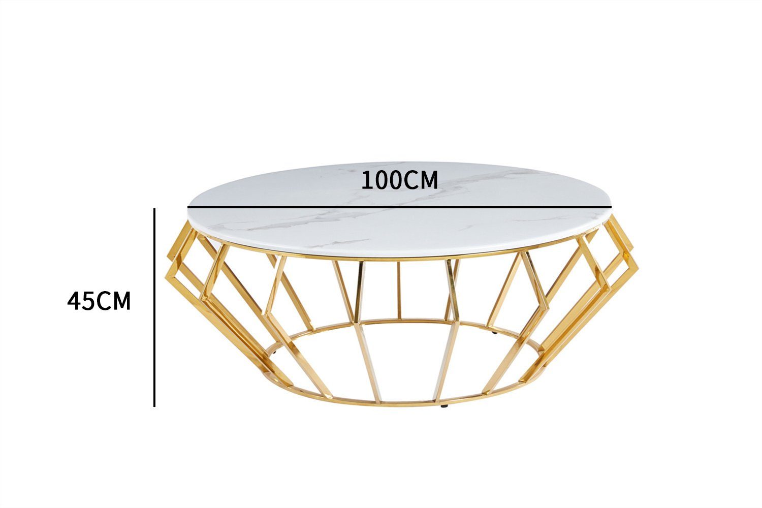 m. Beistelltisch Marmoroptik Weiß Gitter Gold der Tisch Möbel Hochwertigen Metallgestell Runder König (Tischplatte Echt Sofa Couchtisch aus Marmor),