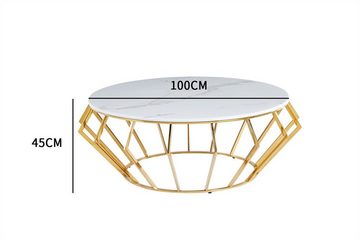 König der Möbel Couchtisch Tisch m. Gitter Metallgestell Gold (Tischplatte aus Hochwertigen Echt Marmor), Runder Sofa Beistelltisch Marmoroptik