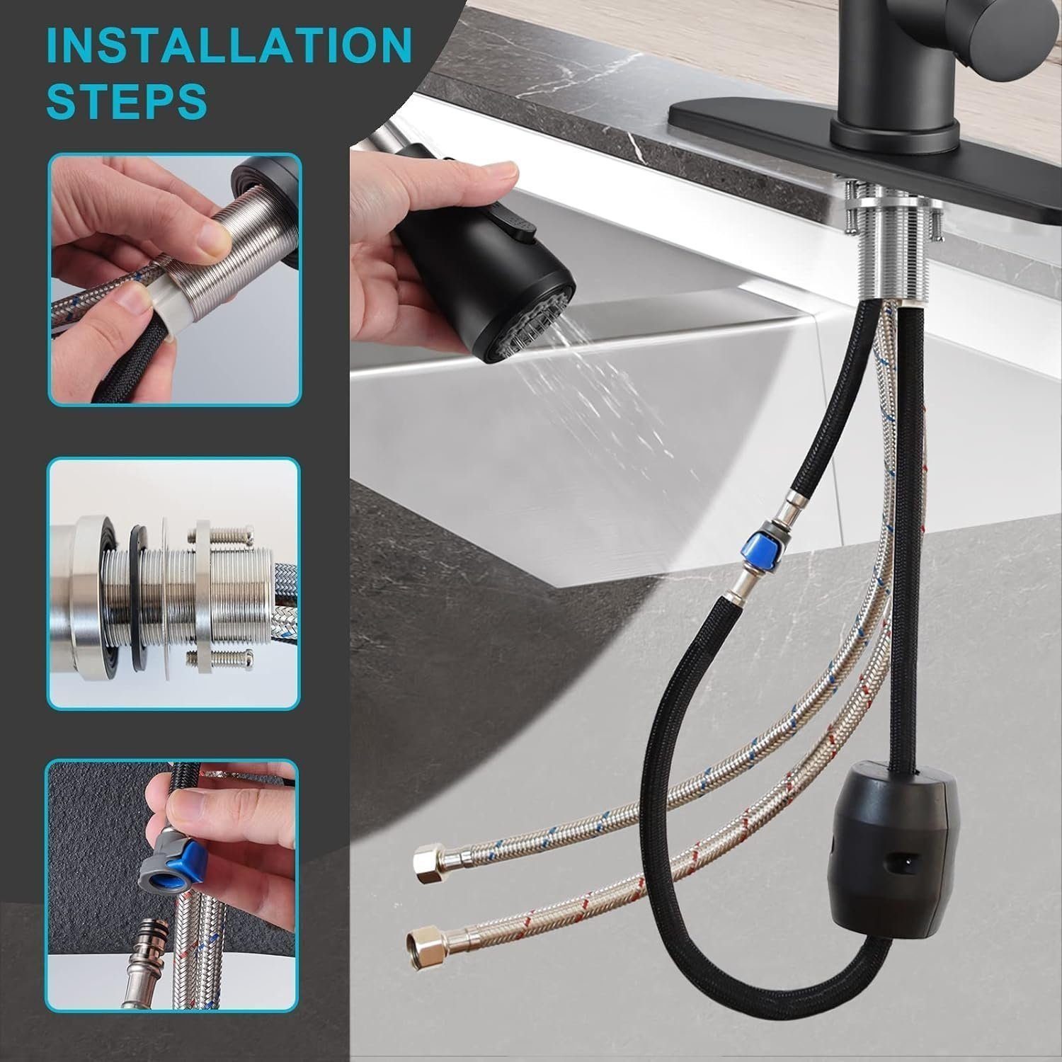 Fyrove Waschtischarmatur Wasserhahn Bad Schwarz,Waschtischarmatur Waschbecken-Küchenarmatur (schwarz,mit Handbrause,Küchenarmatur,ausziehbar,Küchenarmatur,2 Str – Bild 4 von 5