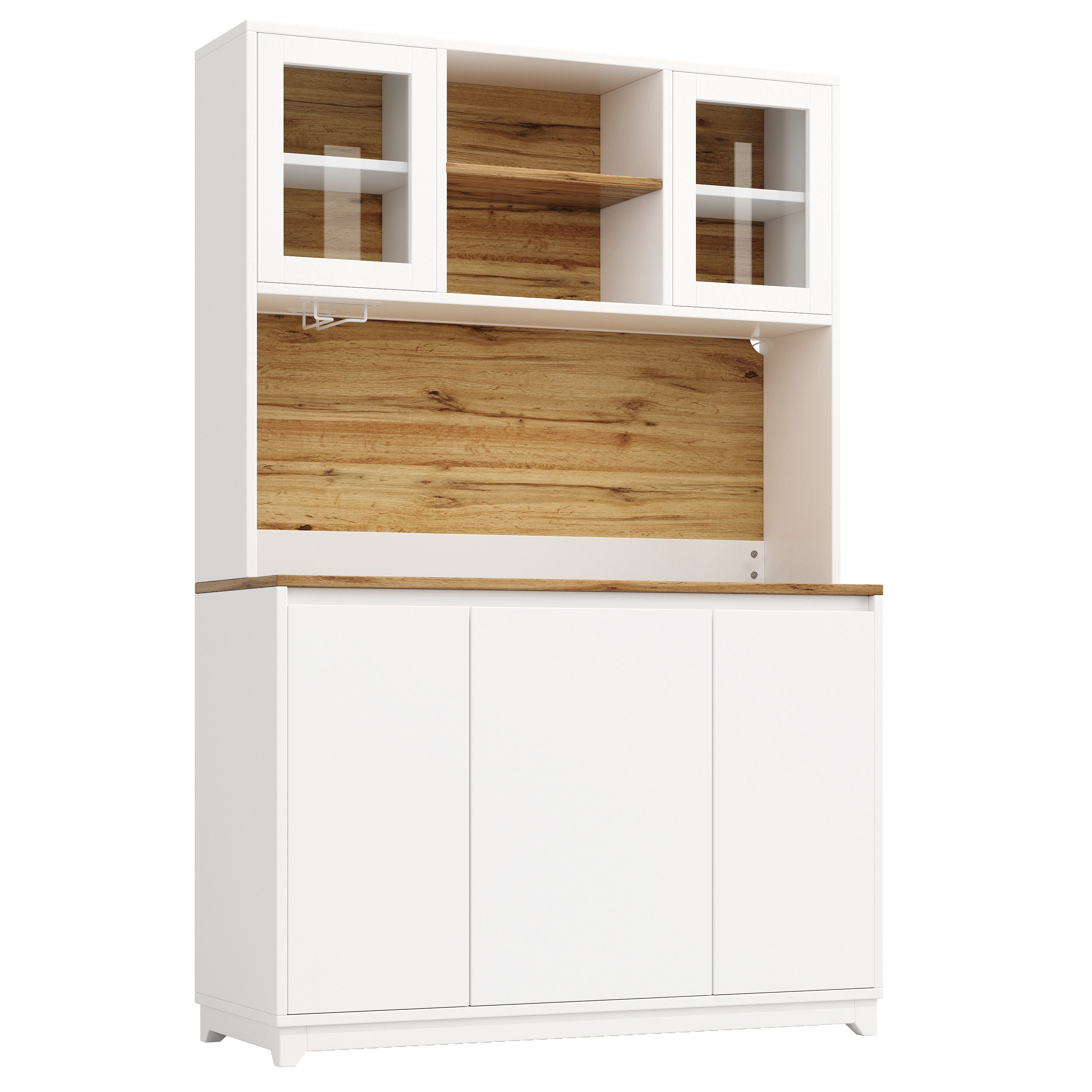 Flieks Küchenbuffet mit LED-Beleuchtung, Mülleimerfächern, Acryltüren und Gläserhalter (120×40×180 cm, 1-St) Hoschschrank Küchenschrank Buffetschrank mit verstellbare Ablagen