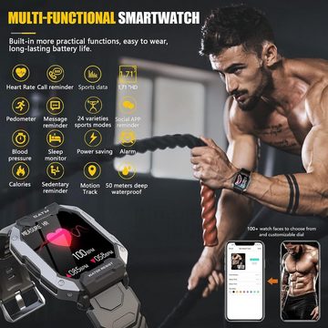 PYRODUM Smartwatch (1,71 Zoll, Android iOS), Herren uhr 5atm wasserdicht mit blutdruckmessung herzfrequenzmessung