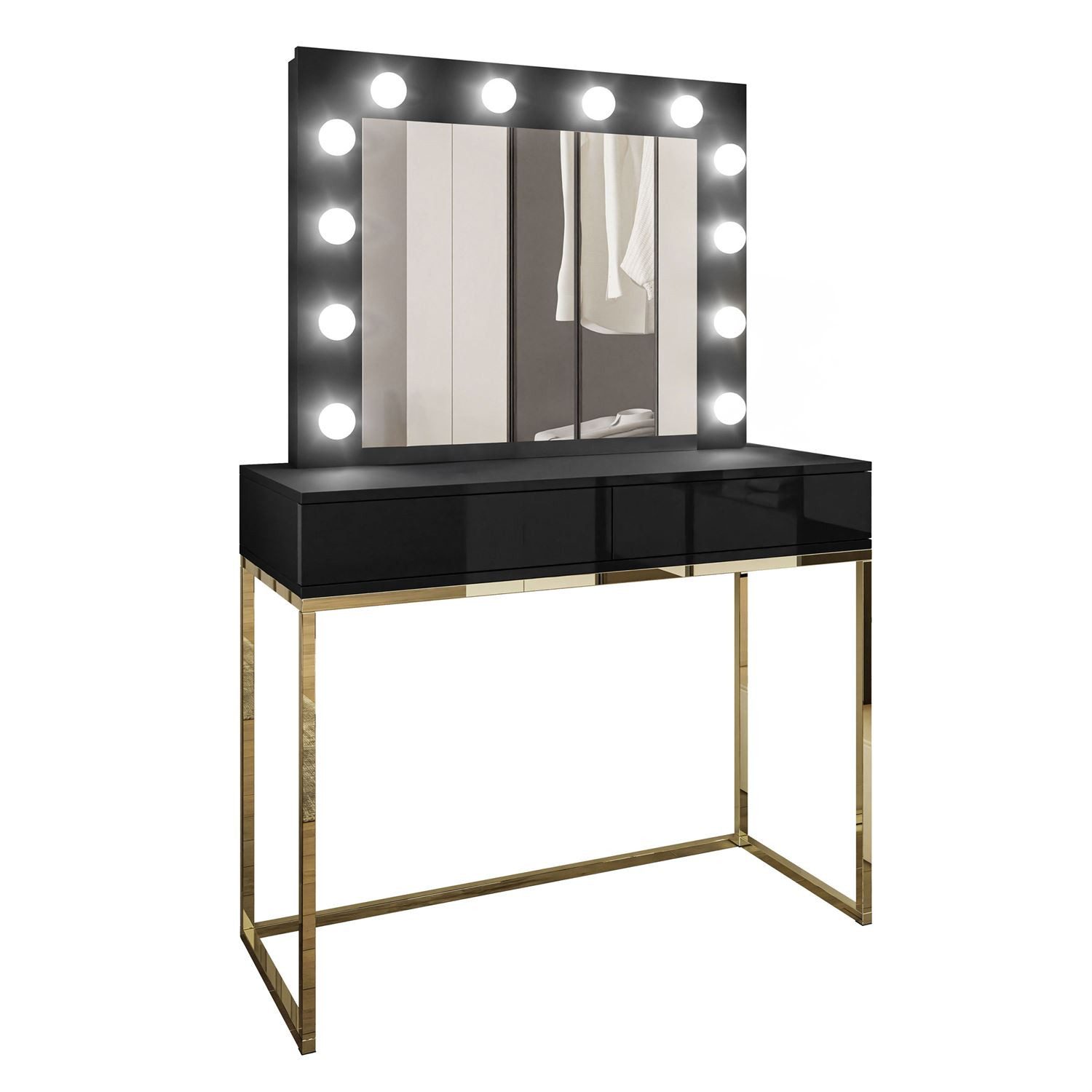 Lookway Schminktisch BLANCO GOLD CHROM mit Spiegel und Beleuchtung, 100x81x42 cm
