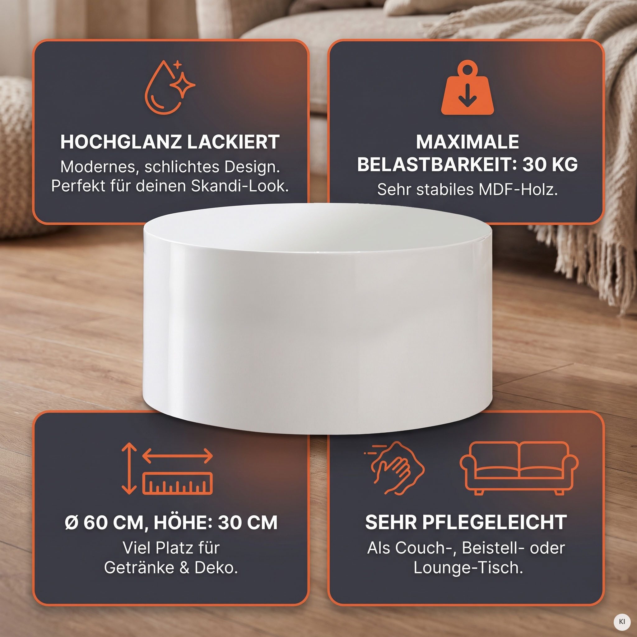 SalesFever Couchtisch Design-Couchtisch Hochglanz weiß, Ø 60 cm, Moderner Wohnzimmertisch aus Holz Hochglanz lackiert