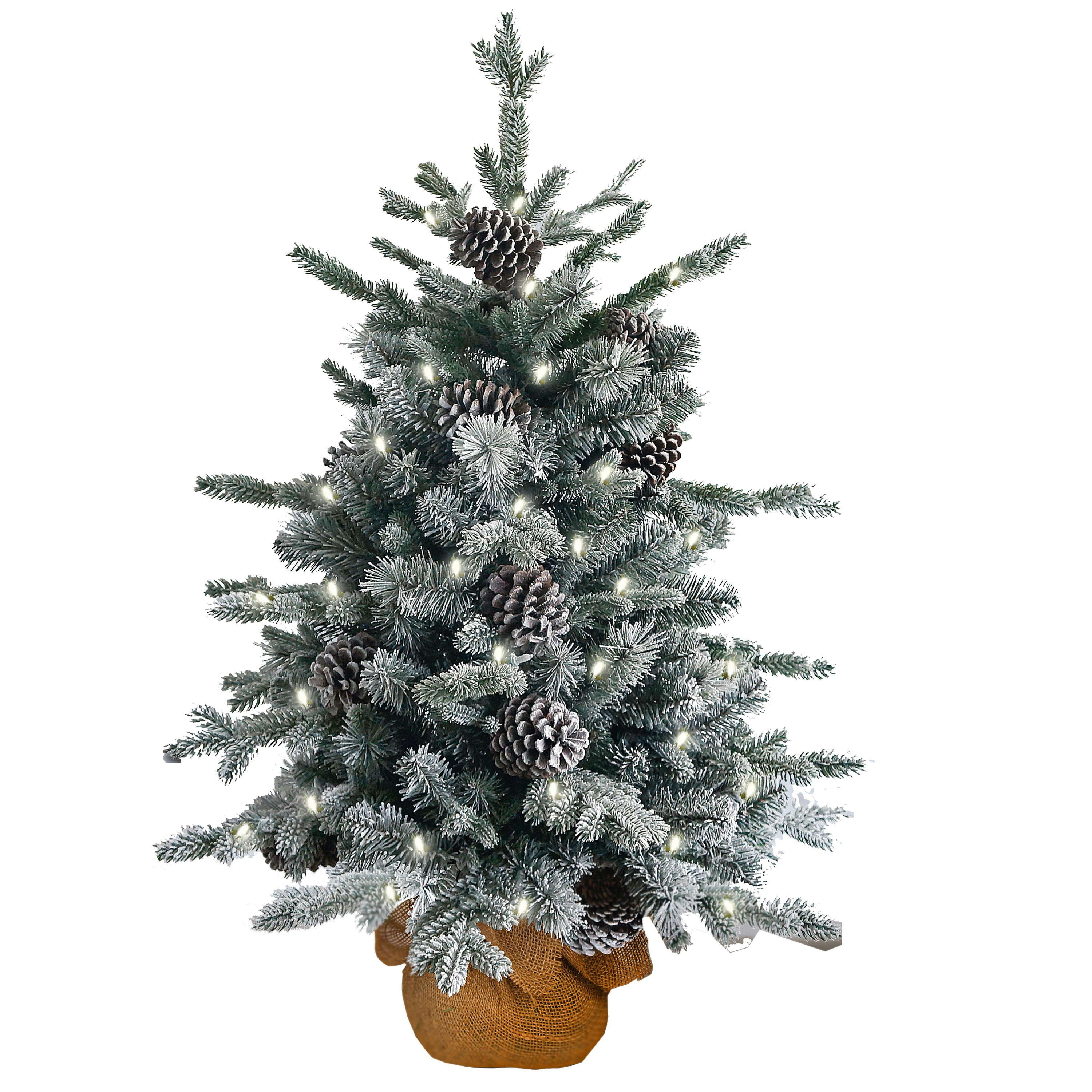 artplants Künstlicher Weihnachtsbaum Deko Tannenbaum LYNGDAL, beschneit, Zapfen, LEDs, 60cm, Ø40cm