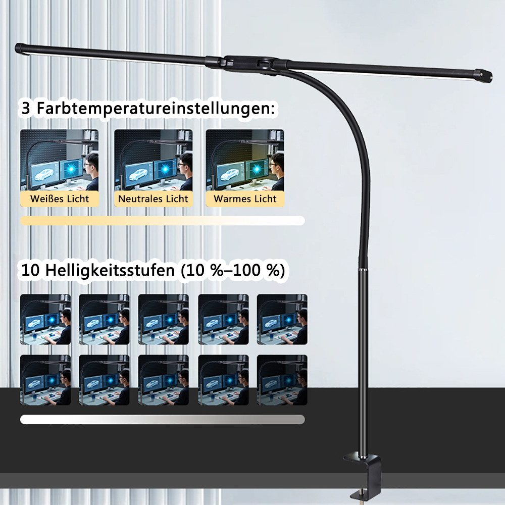 Luckice Schreibtischlampe LED Schreibtischlampe, weicher Schwanenhals, 10 Helligkeitsstufen, Warmes Licht, Natürliches Licht, Kaltes Licht, 12 W, Augenschutzkla – Bild 4 von 5