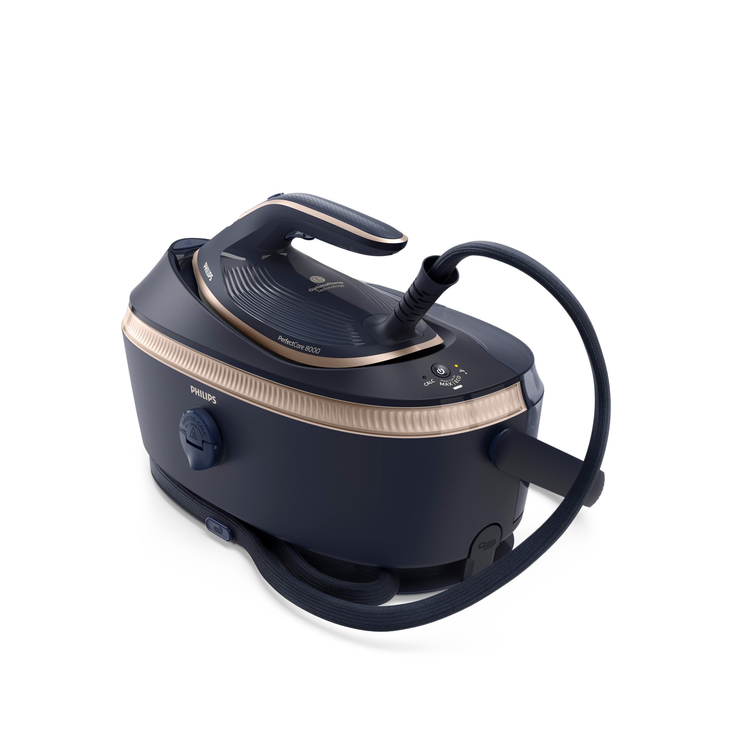 Philips Dampfbügelstation PerfectCare 8000 Series PSG8300/20, Dunkelblau/Gold, 1,4 ml Wassertank, 3.120 Watt, OptimalTemp & TurboPower-Dampfmotor, 850 gr Dampfstoß