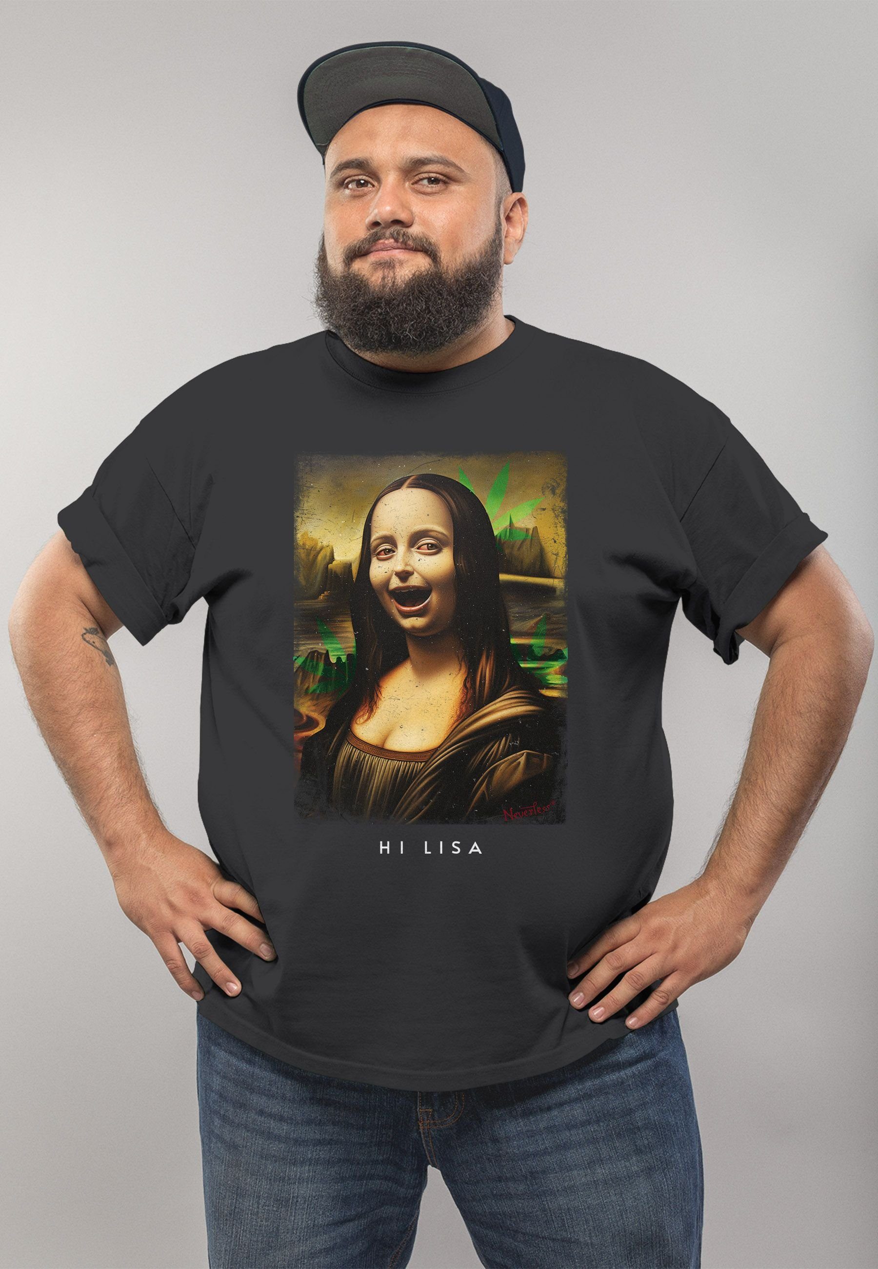 T-Shirt mit MoonWorks Meme Print Stona Aufdruck Lisa Mona Parodie Print Kapuzen-Pullover anthrazit Lisa Herren Print-Shirt