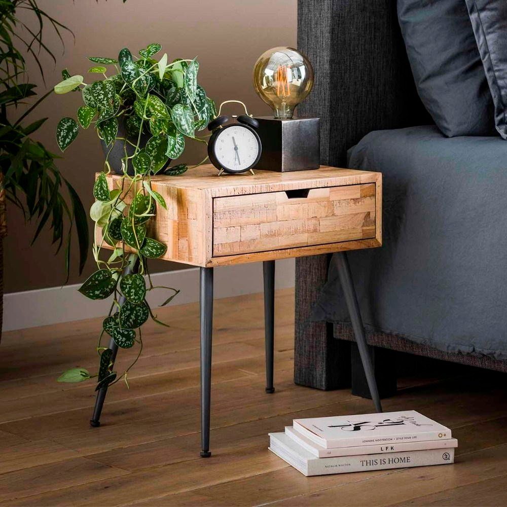 Natur-hell Rinara RINGO-Living Nachttisch in Möbel Beistelltisch und Schublade Schwarz-m, mit Massivholz