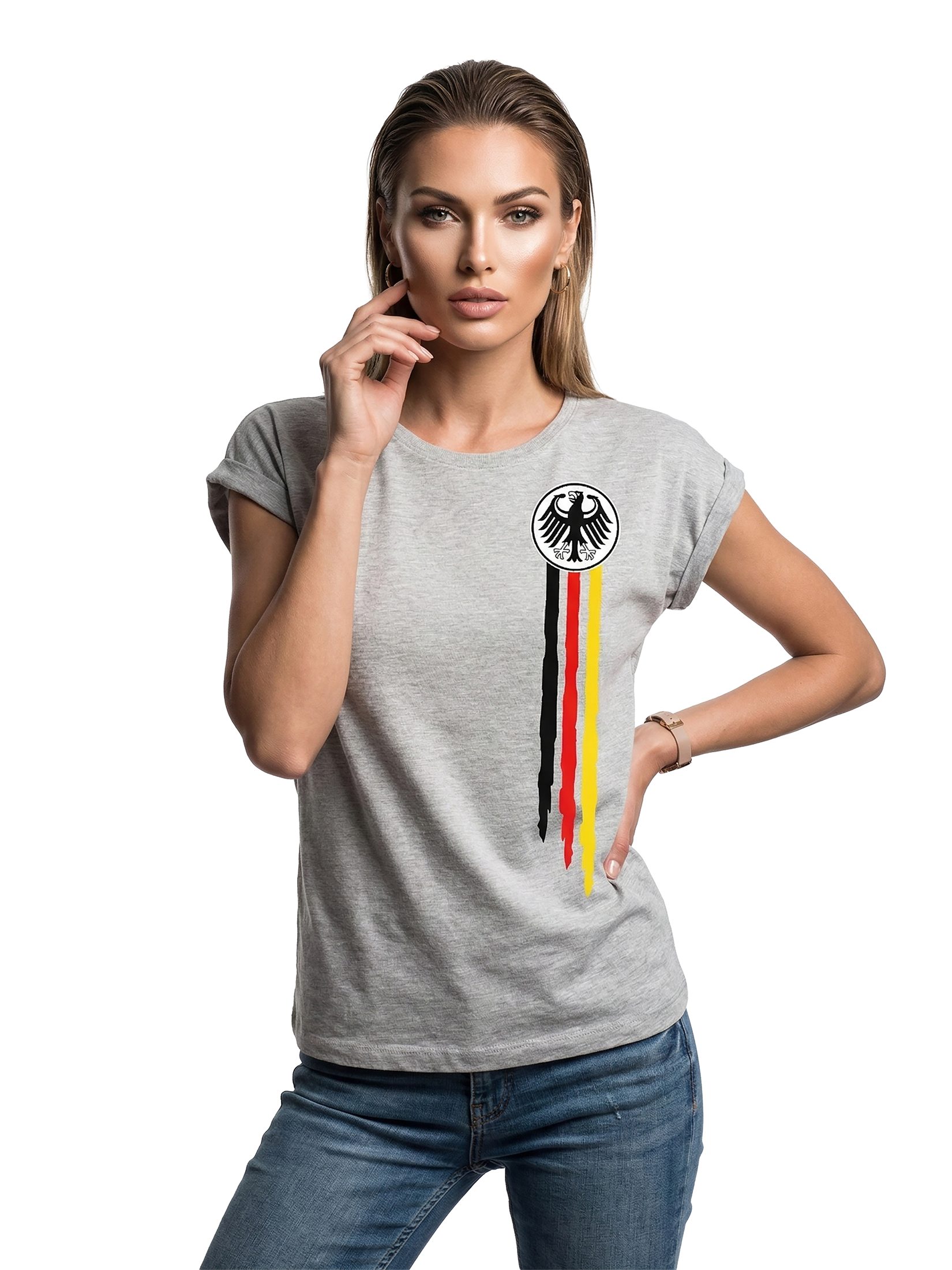 MAKAYA Print-Shirt Deutschland EM Trikot Damen Adler Flagge Fahne Fußball WM Top (Schwarz, Weiß, Blau, Grau, Grün, Rosa, 34, 36, 38, 40, 42, 44, 46, 48, 50) große Größen