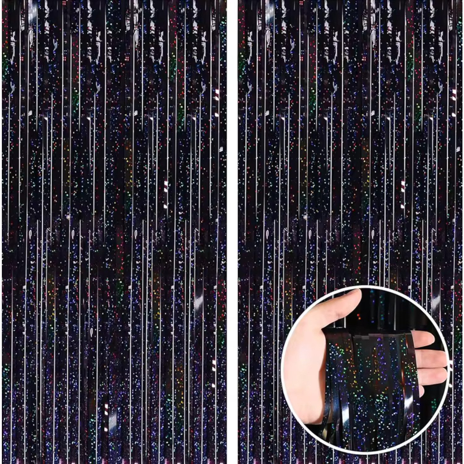 Kopper-24 Türvorhang Lametta Vorhang 2 x 1 m, Schwarz glitzernd, holographisch Party Deko F, Schlaufen, Folie