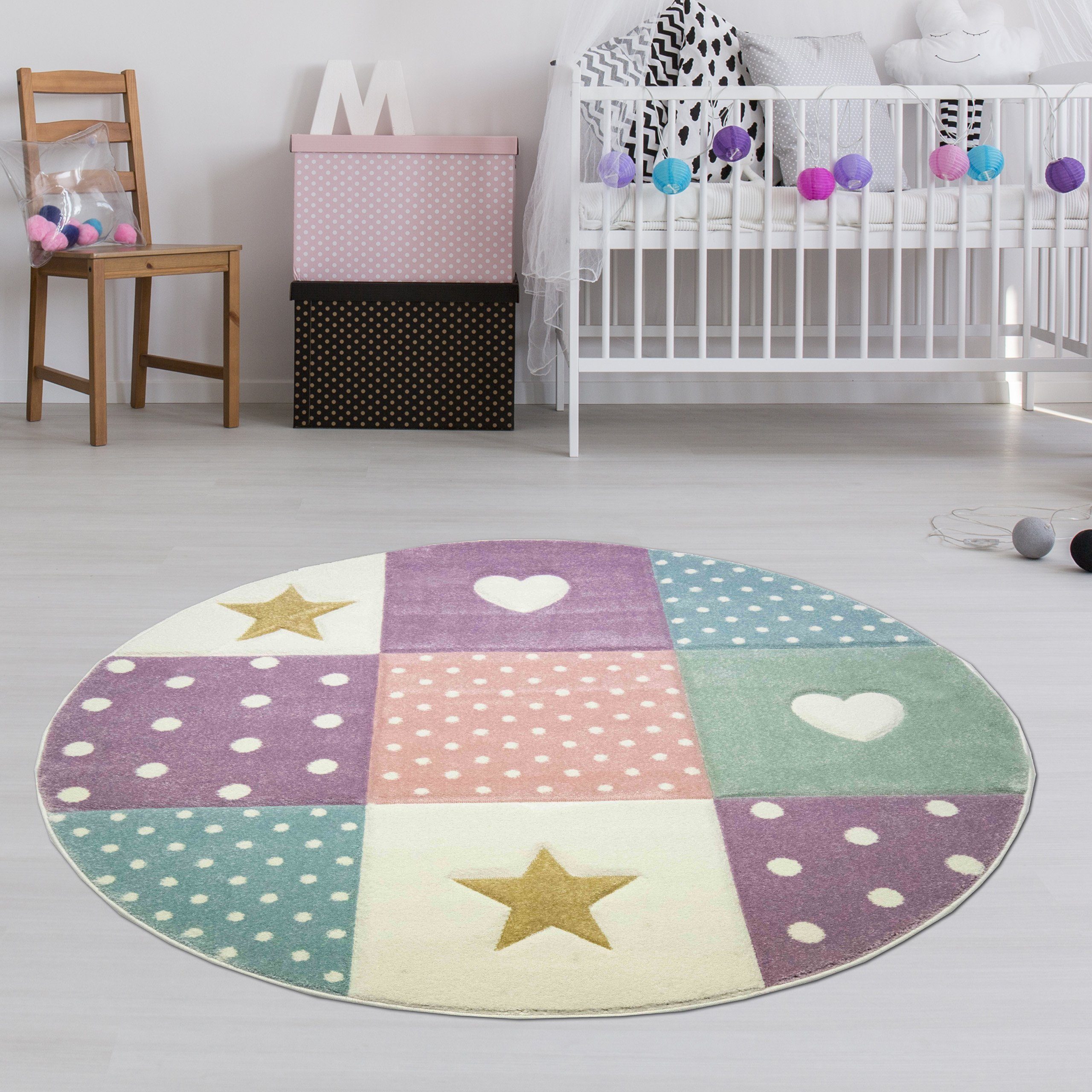 TeppichHome24 Kinderteppich Kinderzimmer Teppich Herz Stern Bunt, Rund, Höhe: 13 mm