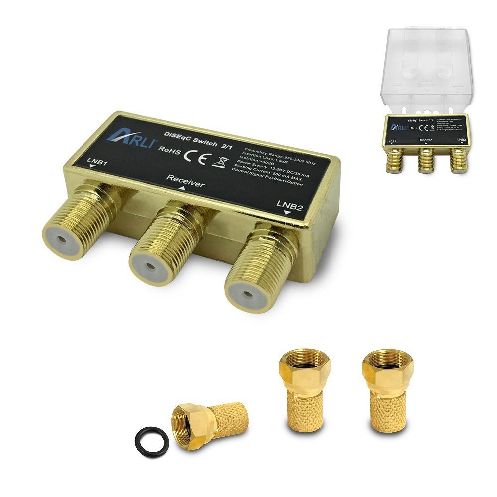 ARLI Schalter DiSEqC Schalter 2/1 vergoldet mit Wetterschutzgehäuse + 3x F Stecker