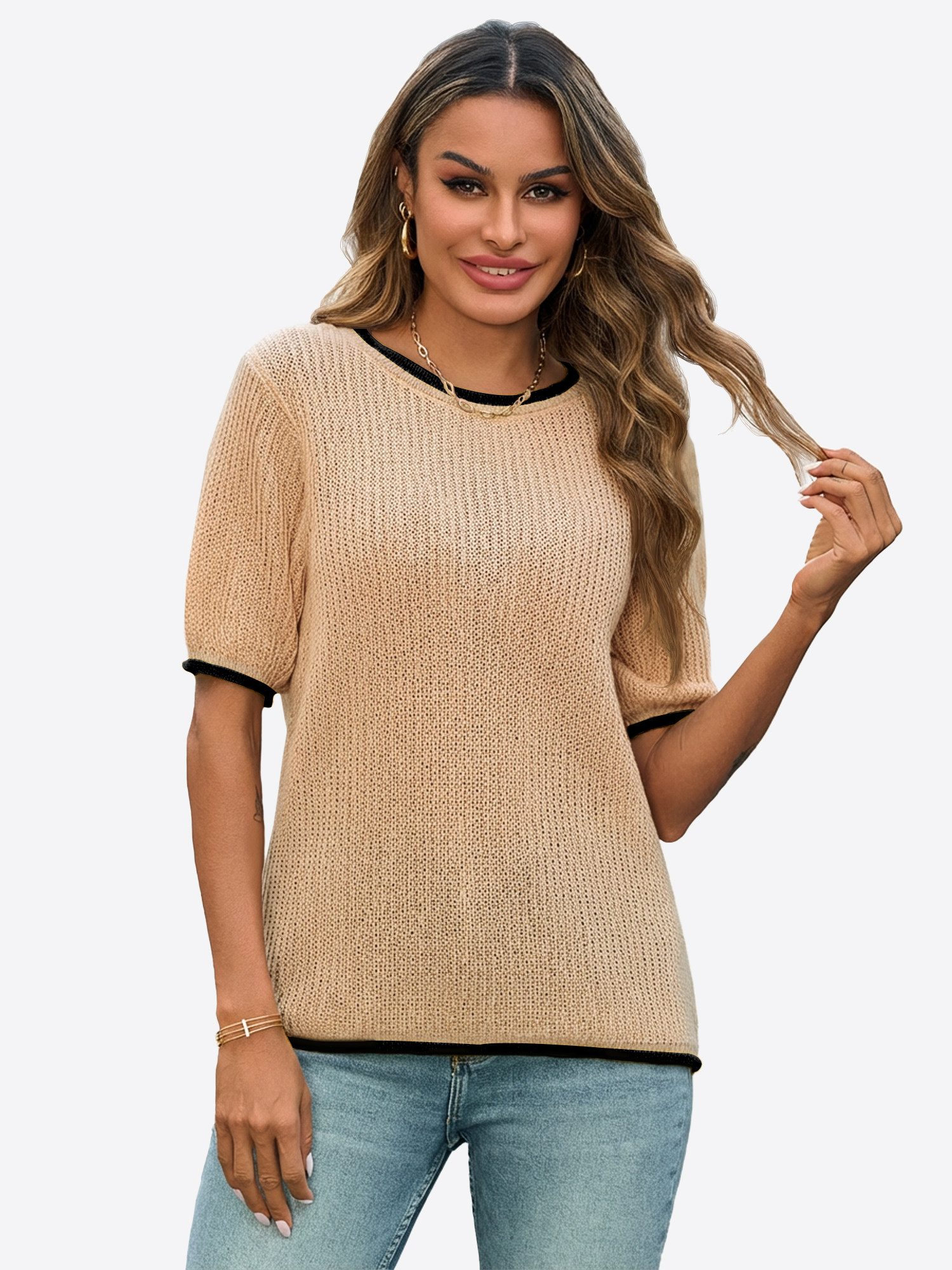 Imily Bela Kurzarmpullover Damen Kurzarm Strickpullover mit Puffärmeln Rundhals Sommer (Packung, 1-tlg., 1per-Pack) mit Kontrastborten gehäkelt